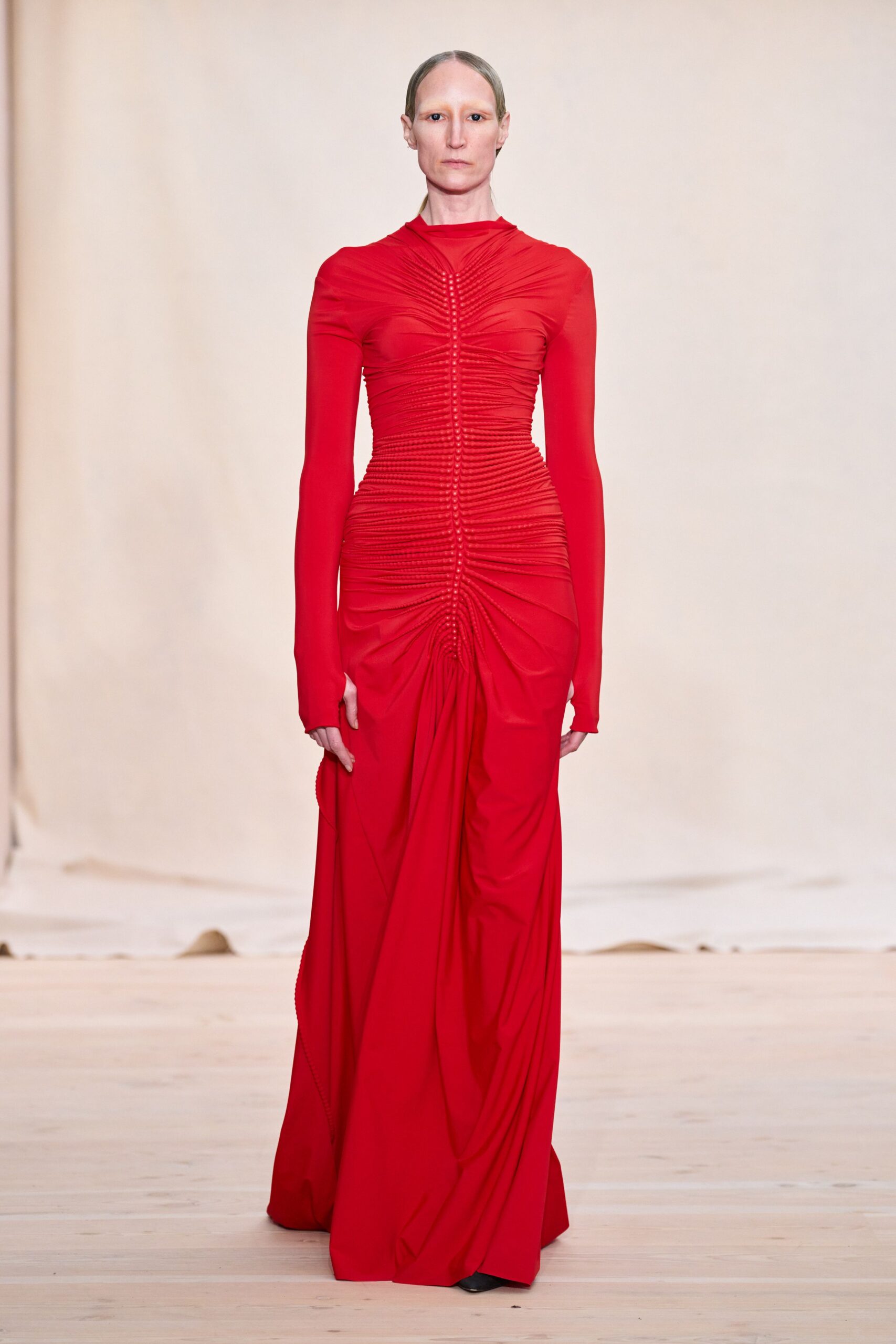 fitted red silk gown