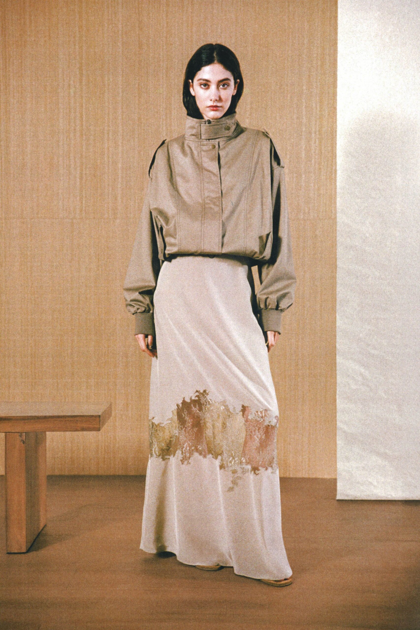 beige silk fitted straight-leg printed maxi skirt