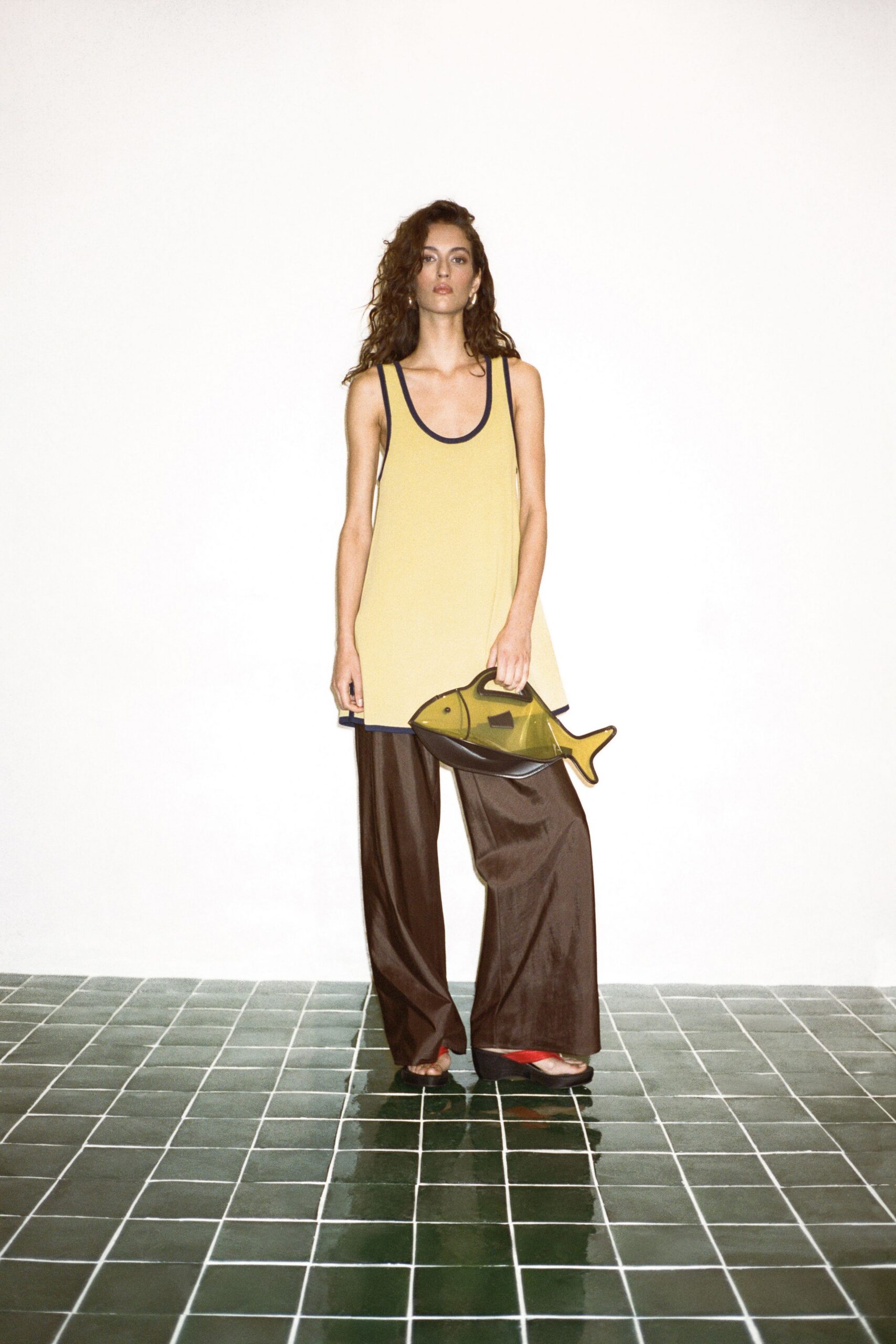 yellow cotton sleeveless high-neck relaxed tank-top