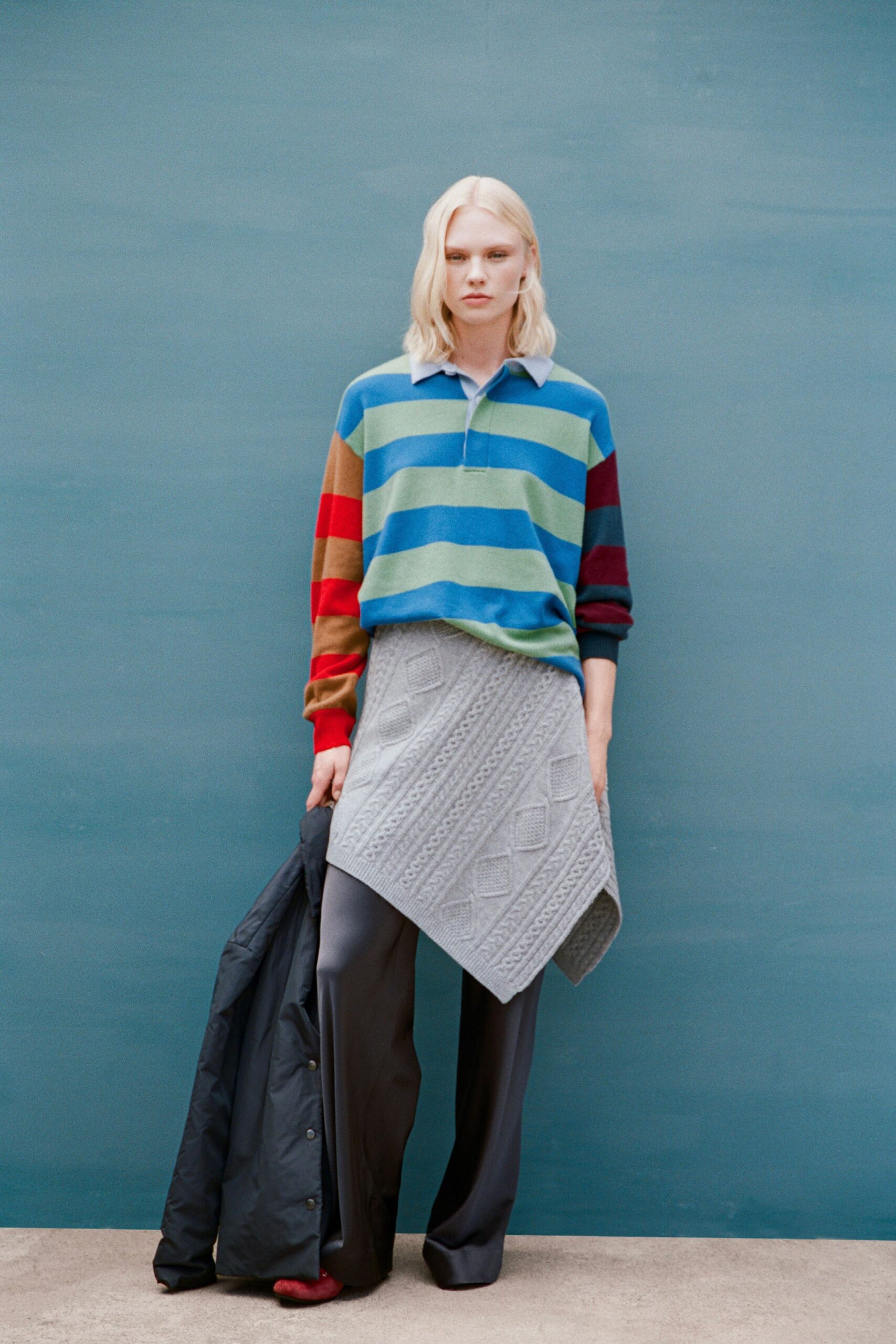 gray wool asymmetric fitted skirt
