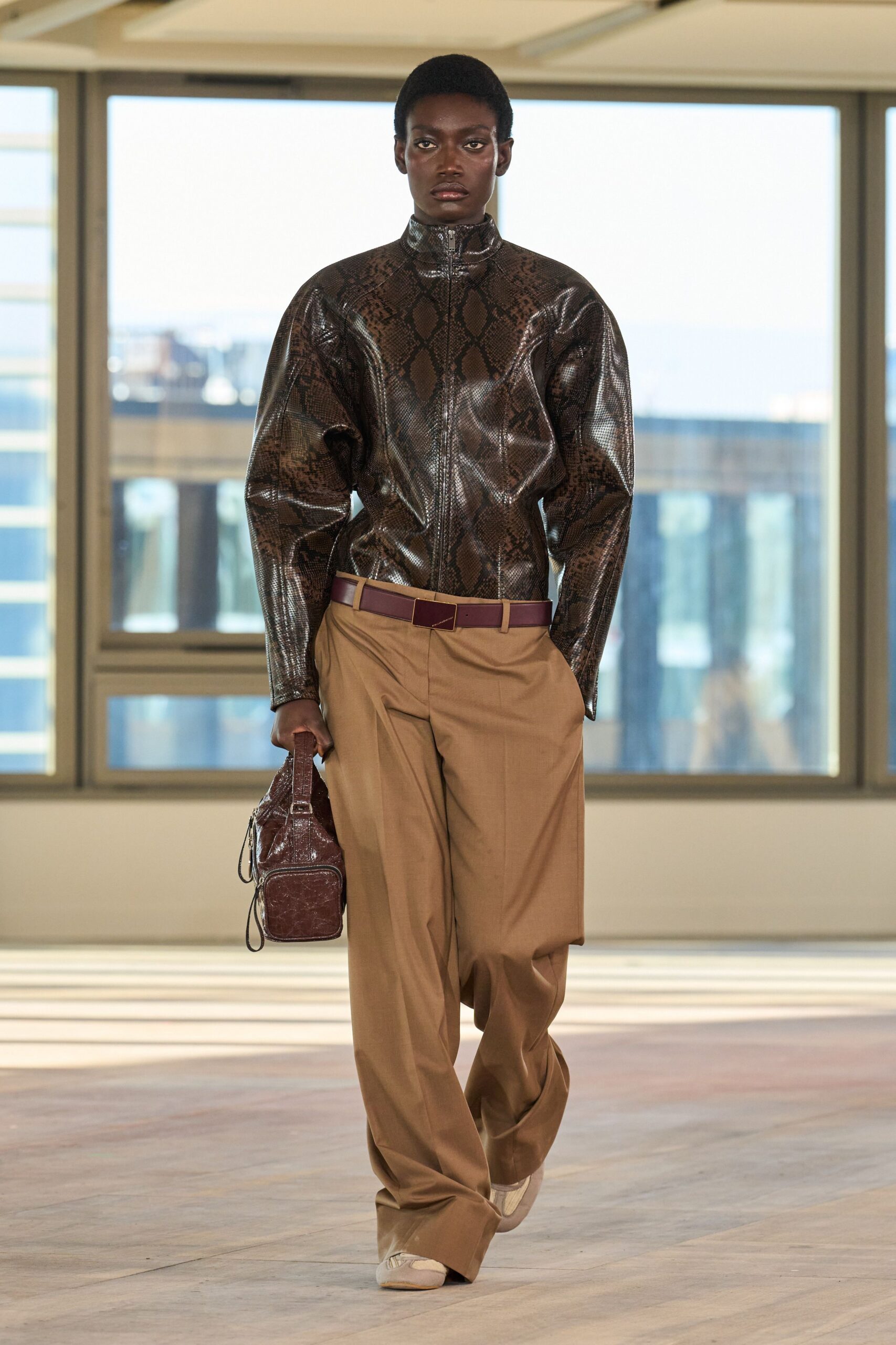 brown leather long-sleeve collared fitted printed jacket