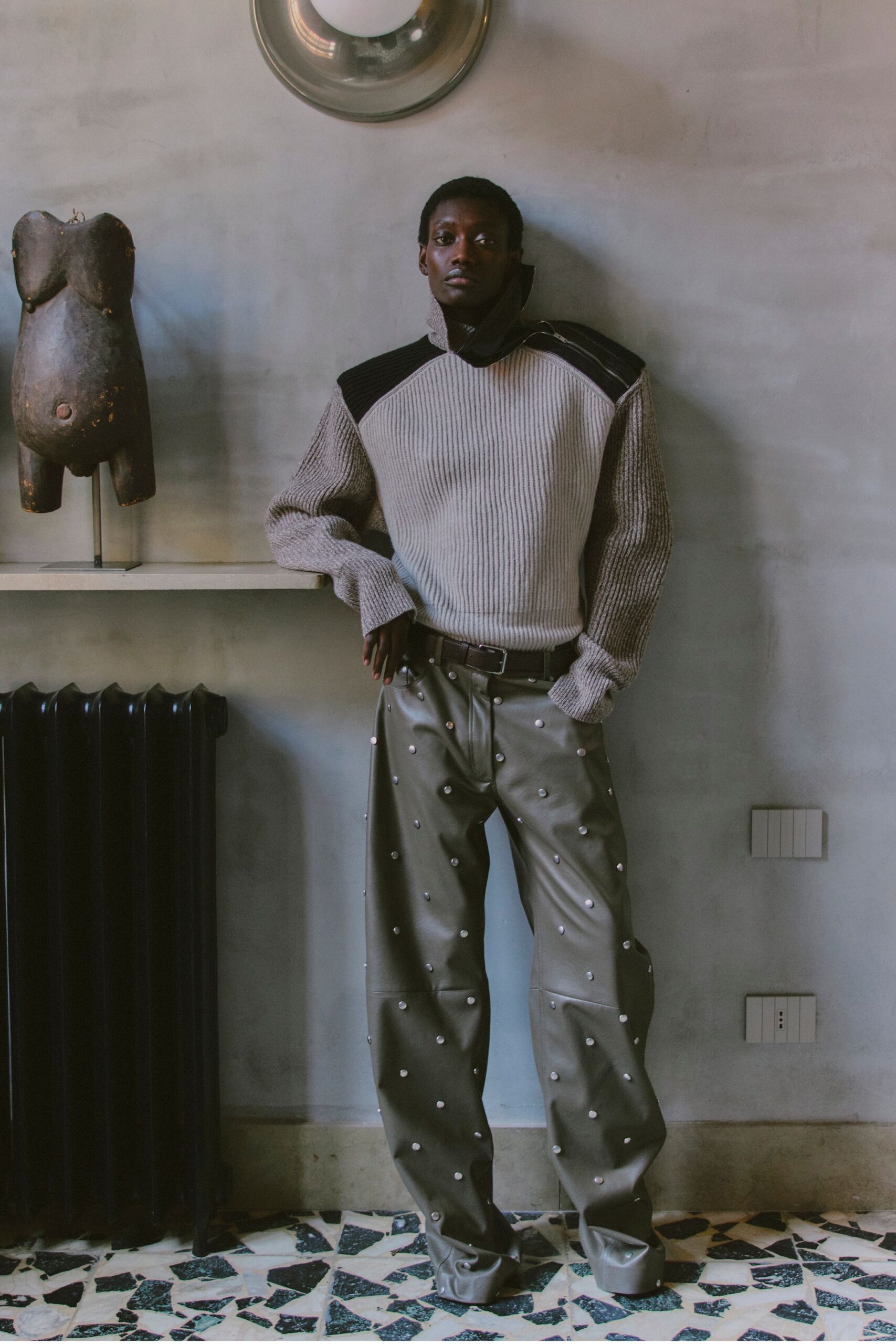 beige wool long-sleeve collared relaxed ribbed sweater