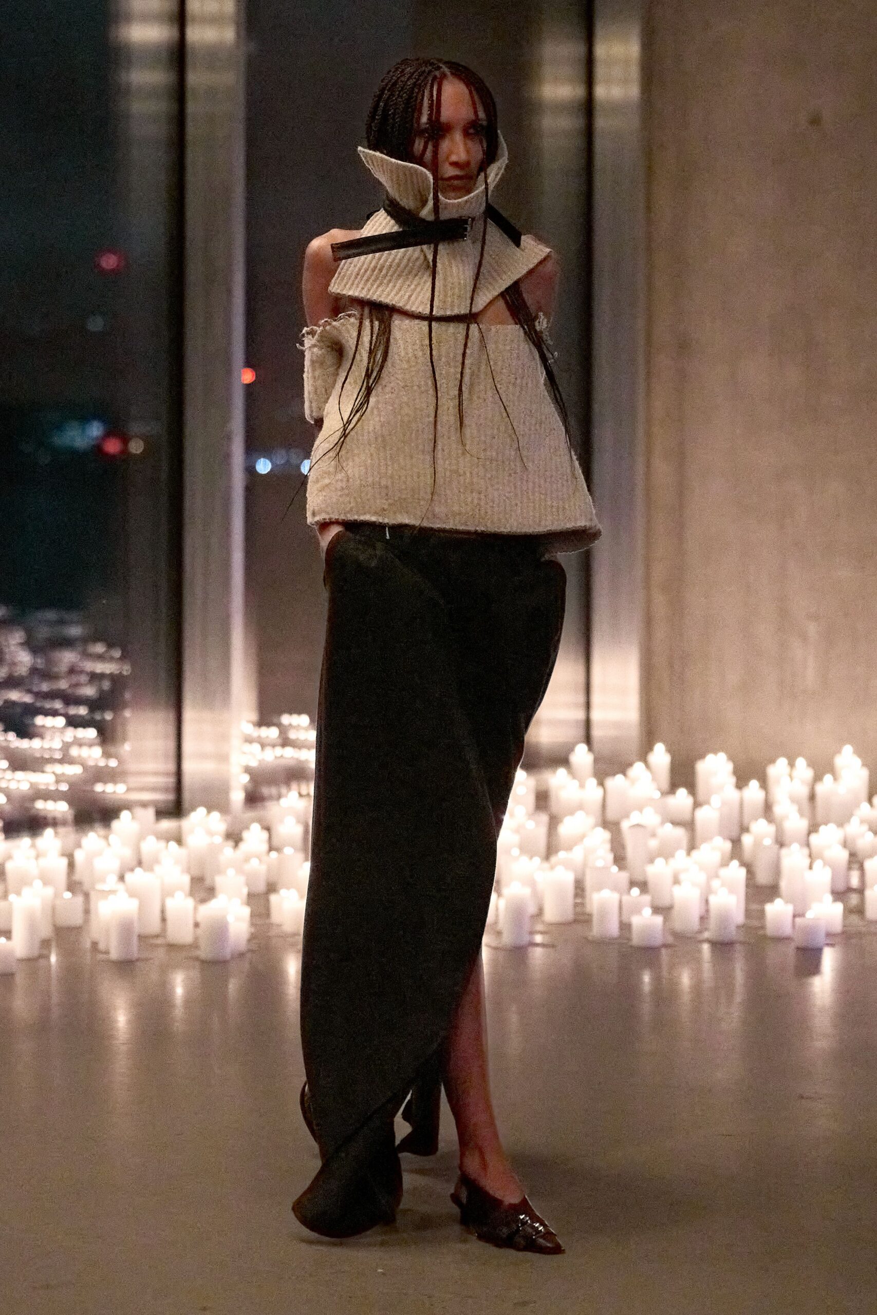 gray wool fitted top with asymmetric black skirt