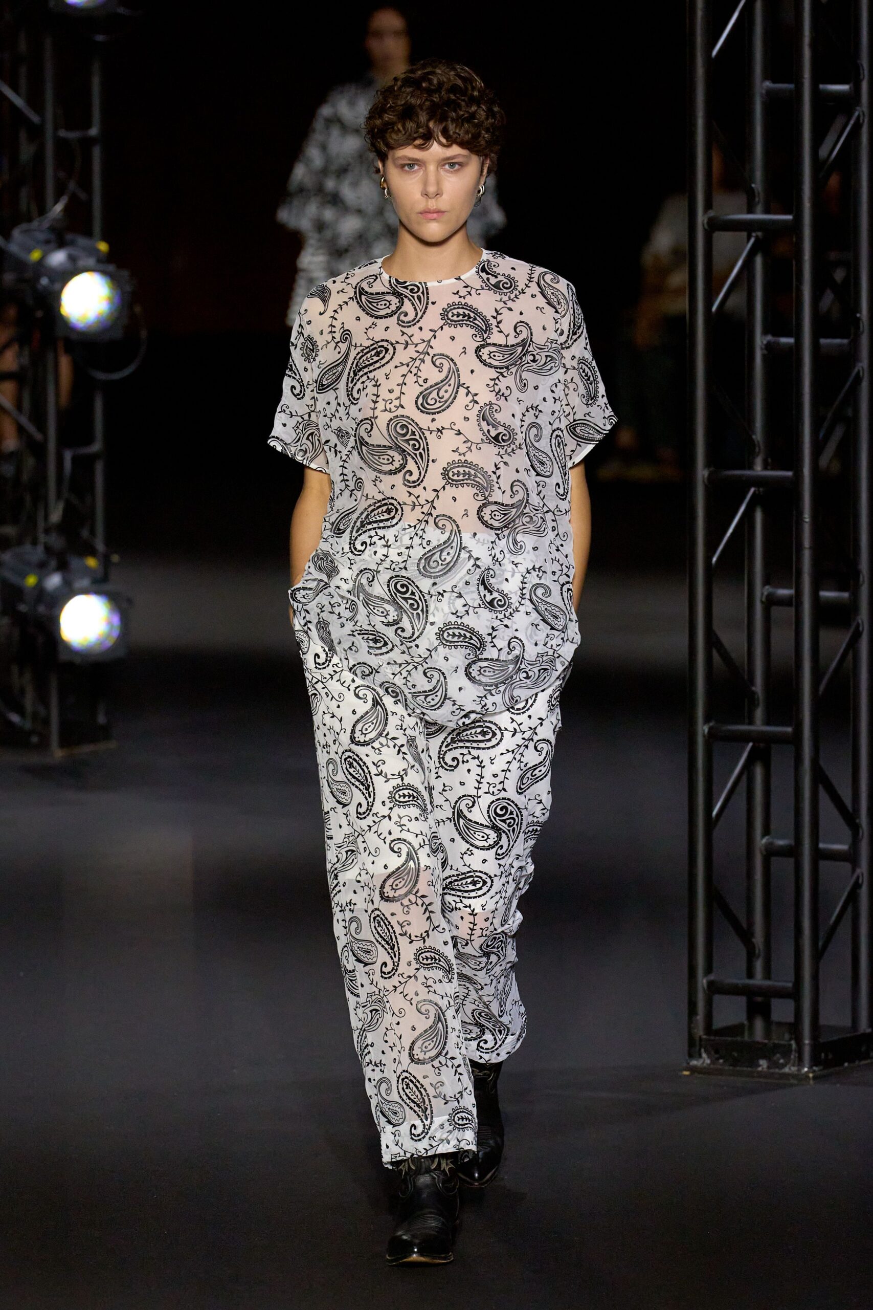 black cotton short-sleeve collared relaxed printed jumpsuit