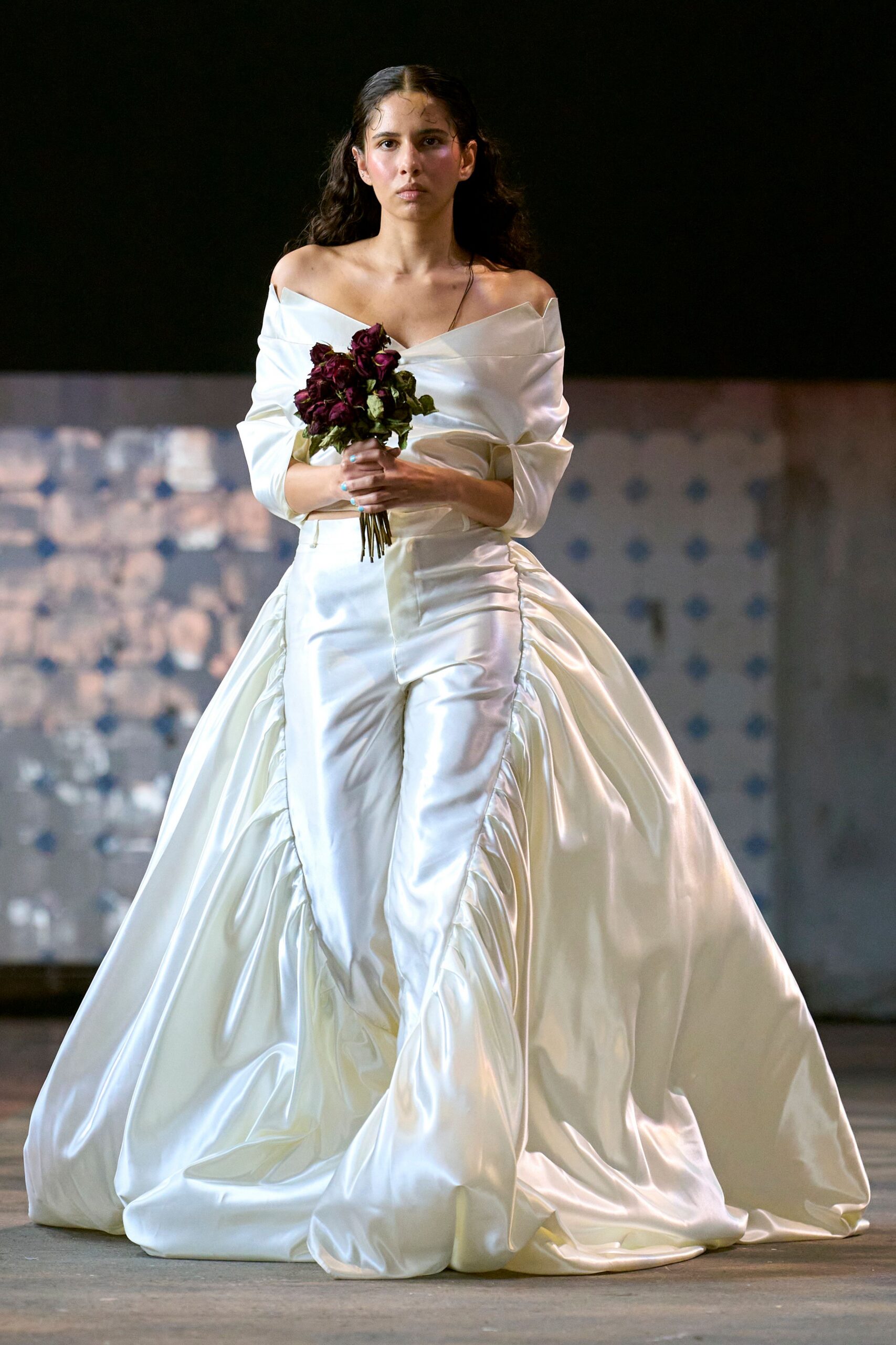 white silk off-shoulder fitted pleated layered maxi gown
