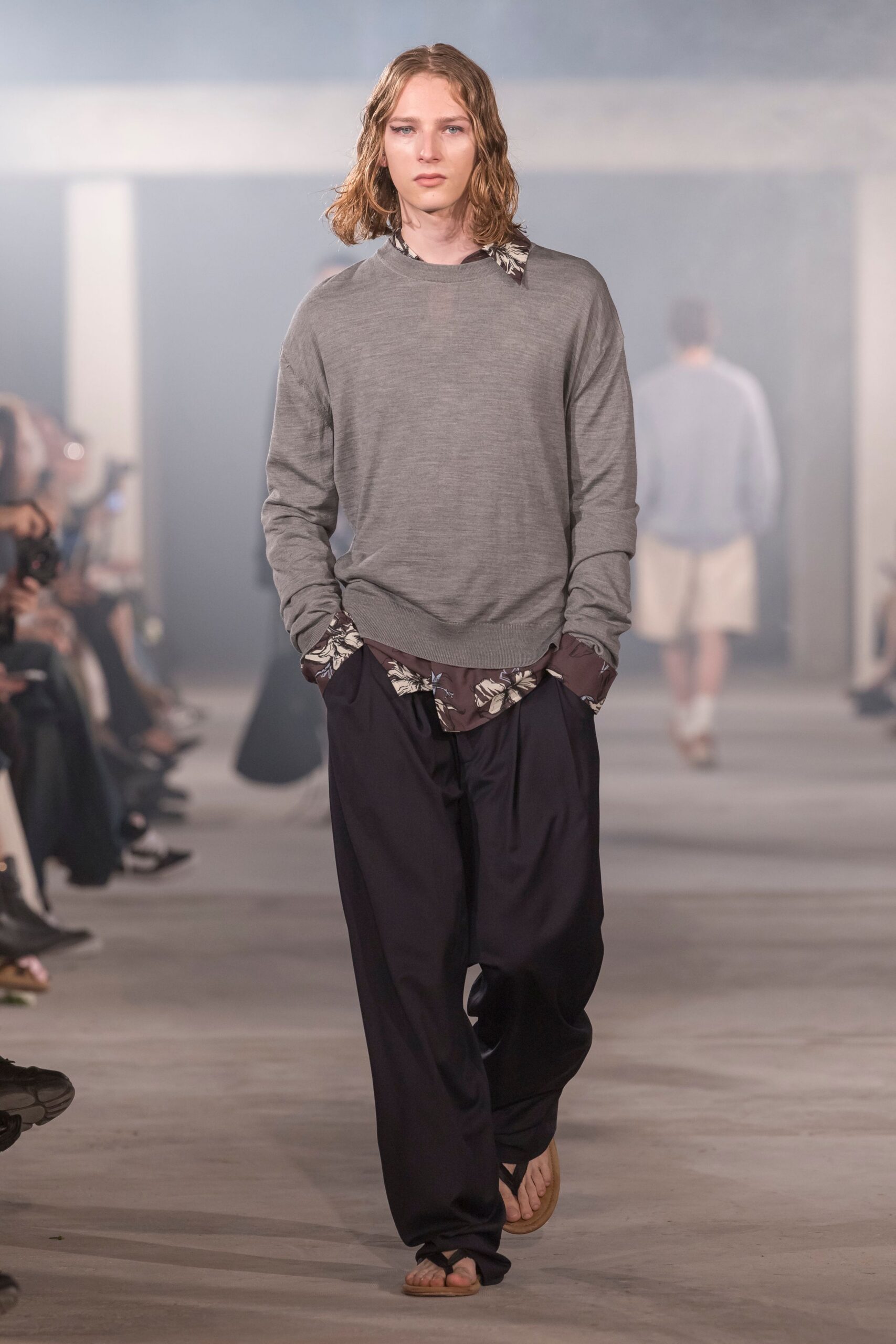 gray relaxed sweater with floral shirt