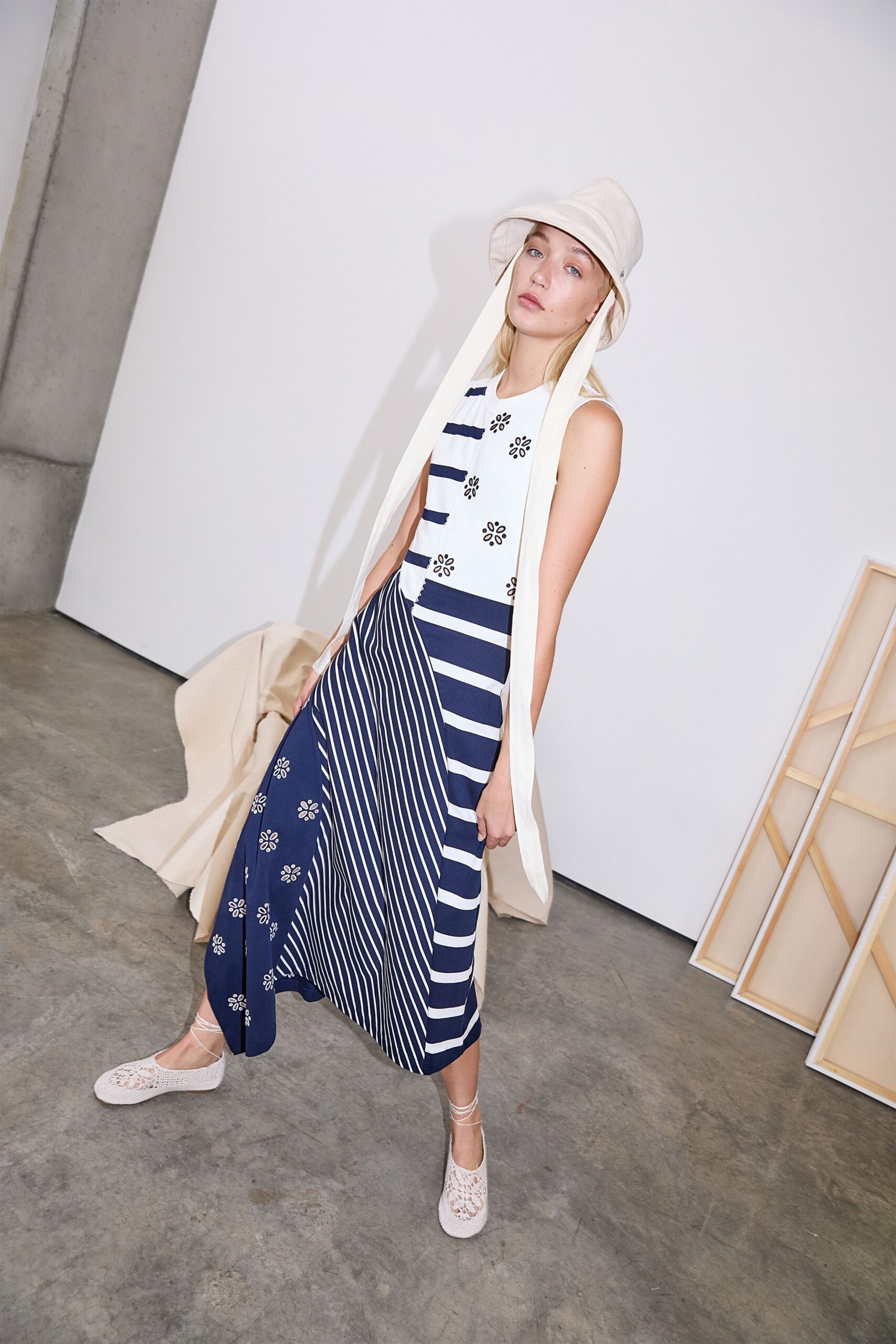 white cotton sleeveless v-neck relaxed striped embroidered dress