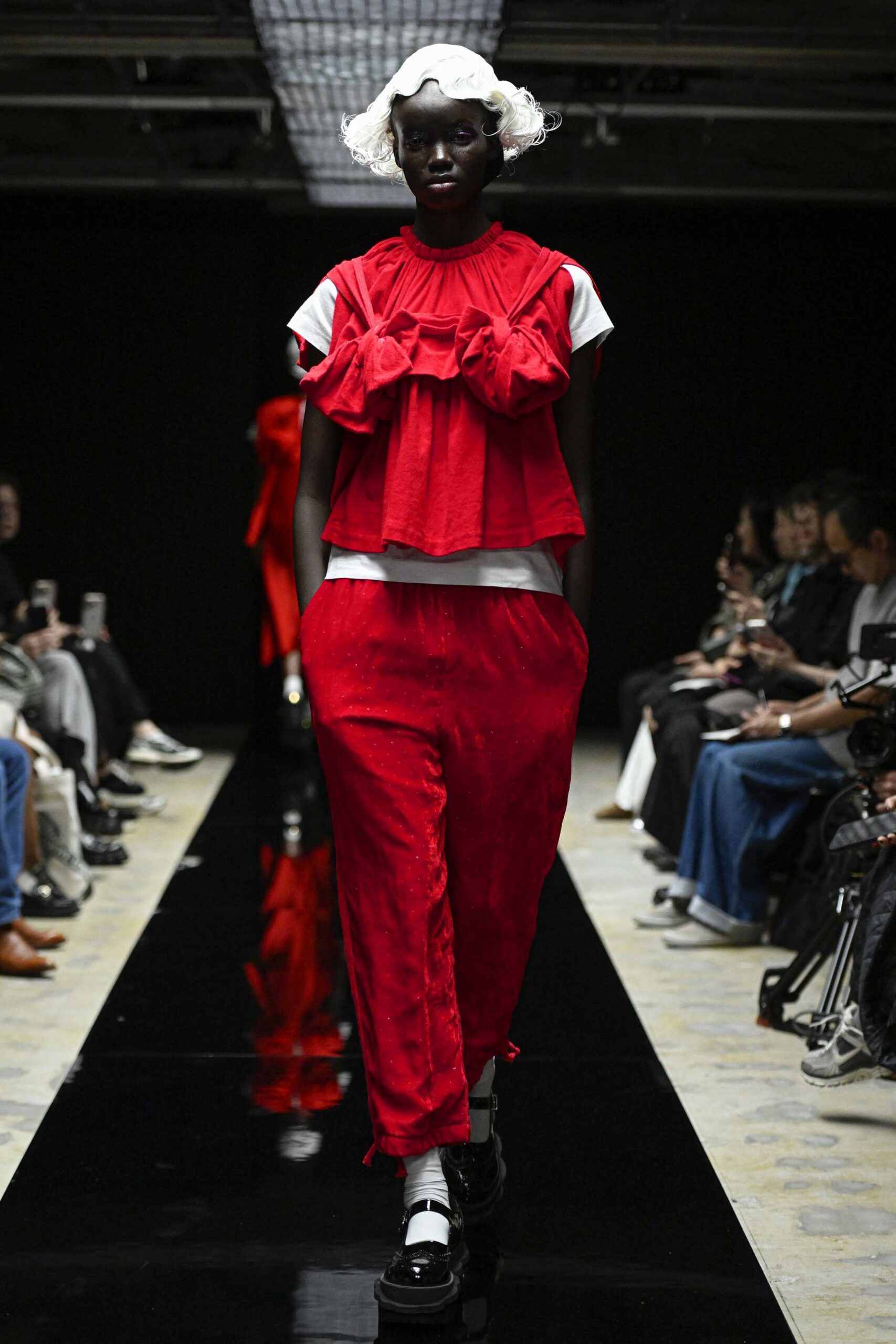 red cotton short-sleeve high-neck relaxed ruffled top