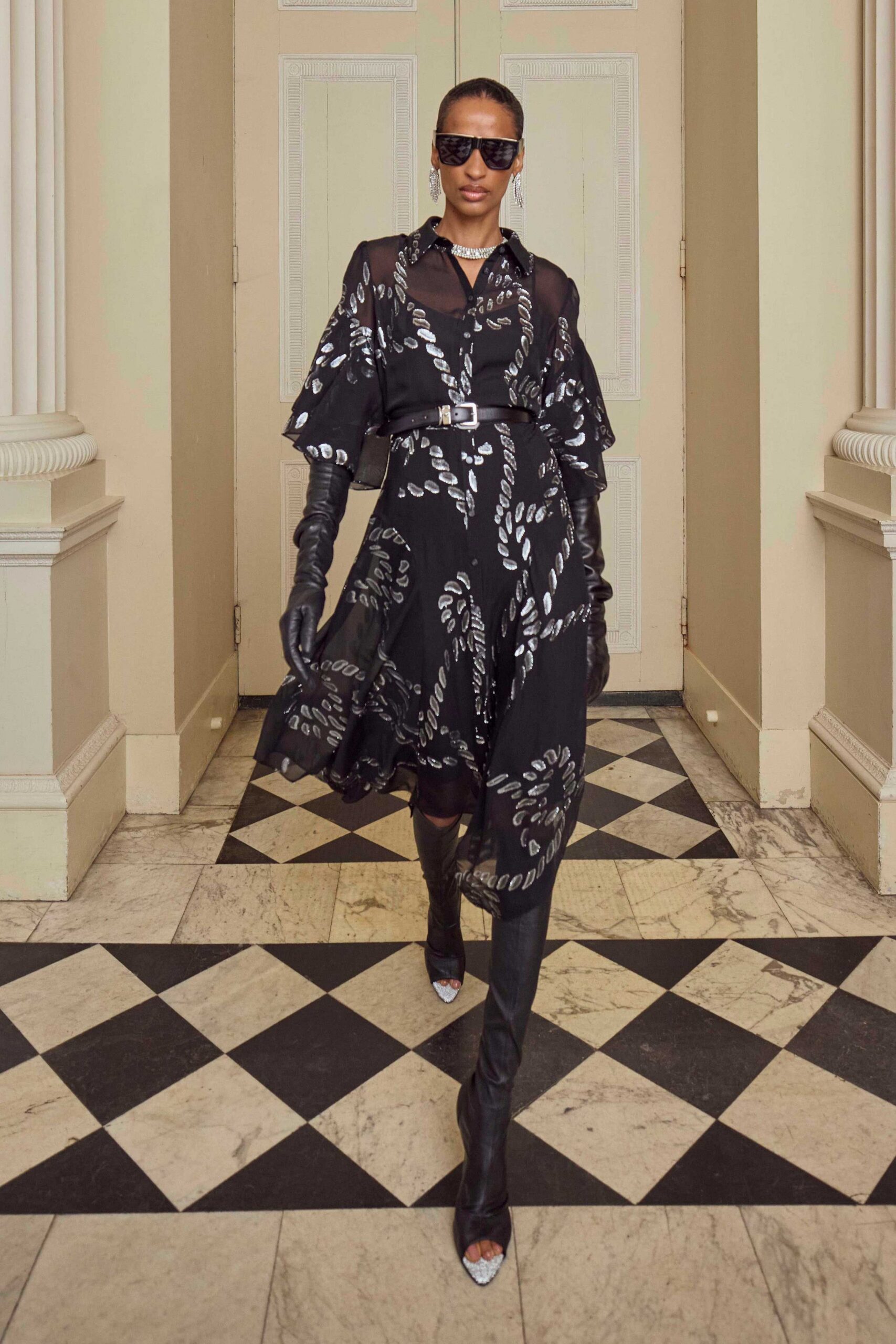 black silk long-sleeve collared fitted flared printed dress