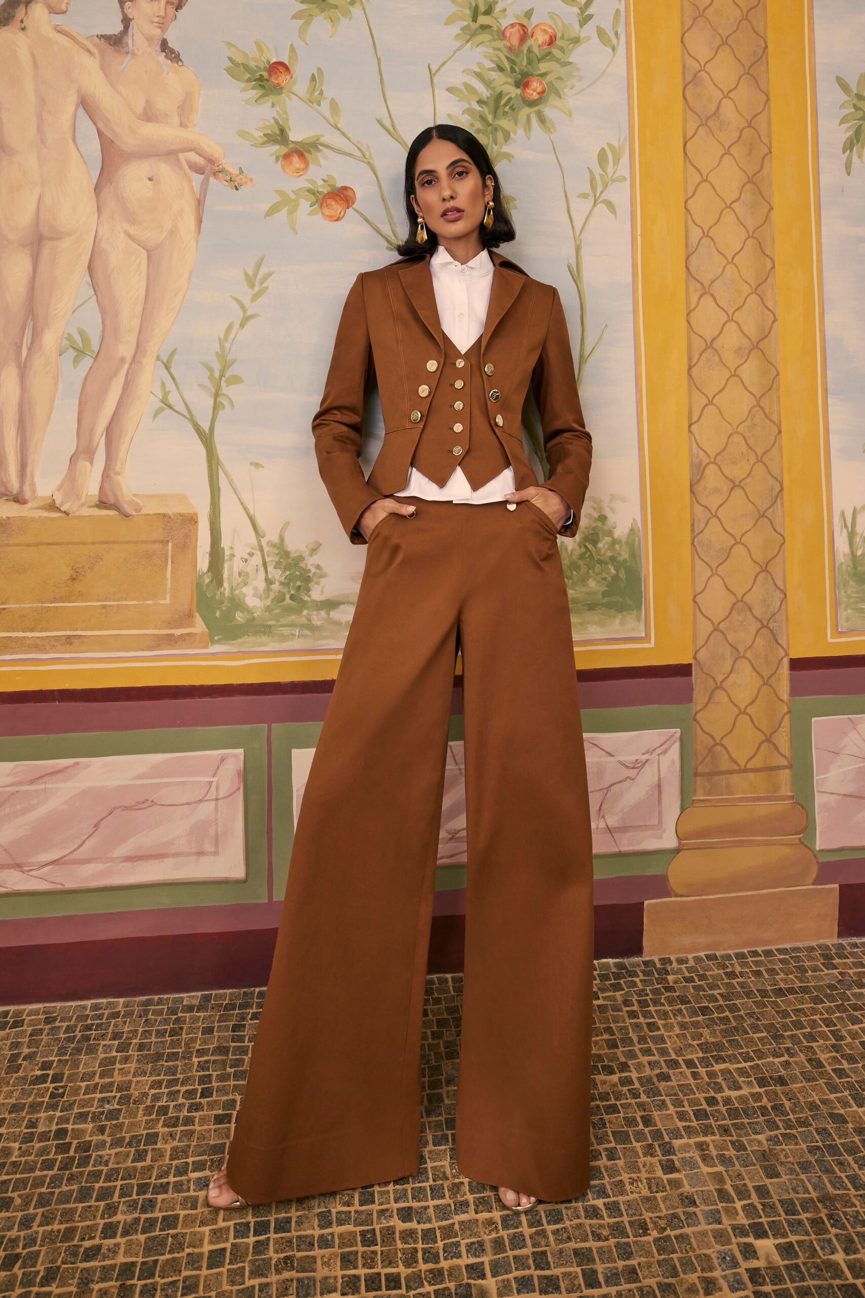brown tailored blazer with wide-leg pants