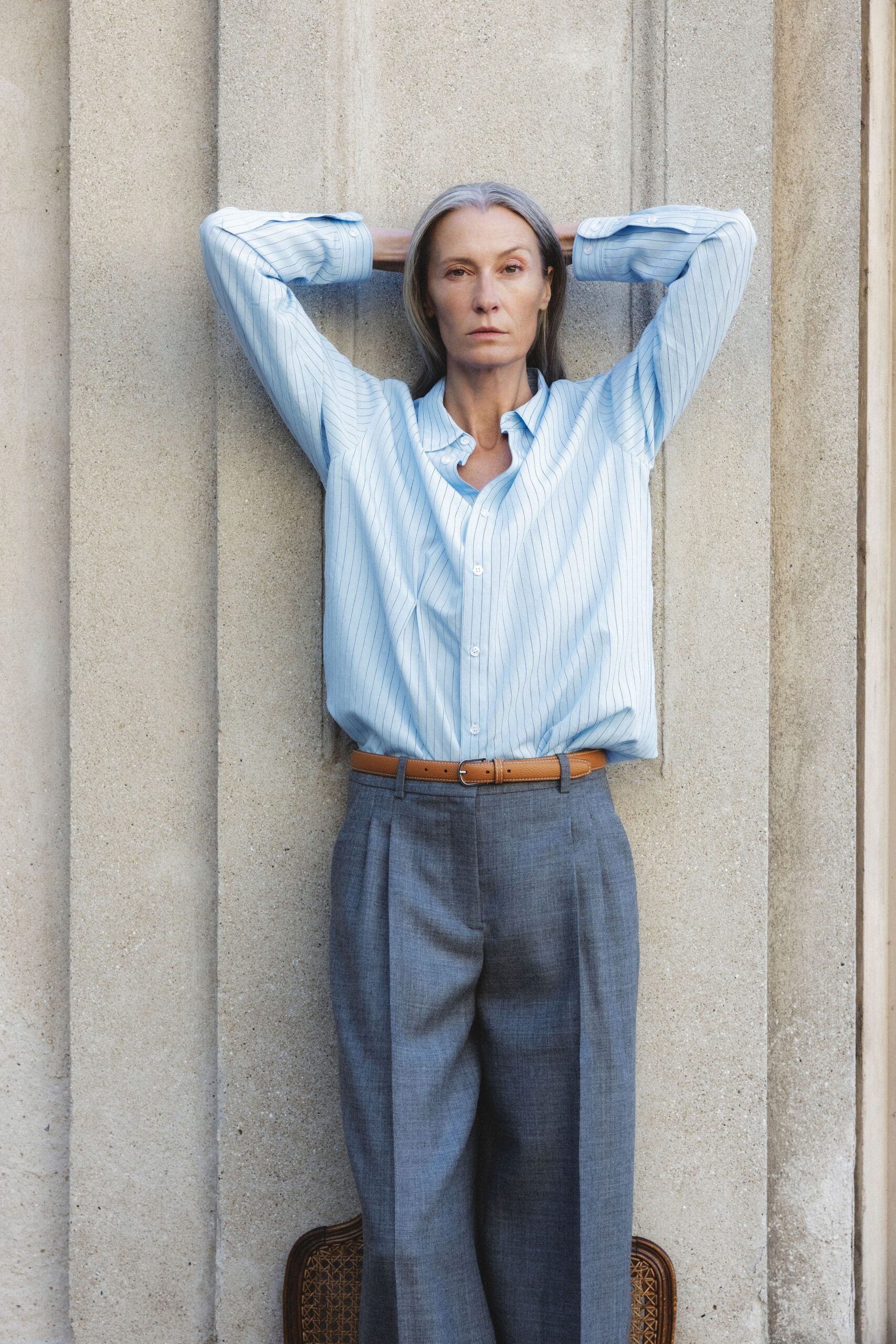 blue striped shirt gray tailored pants