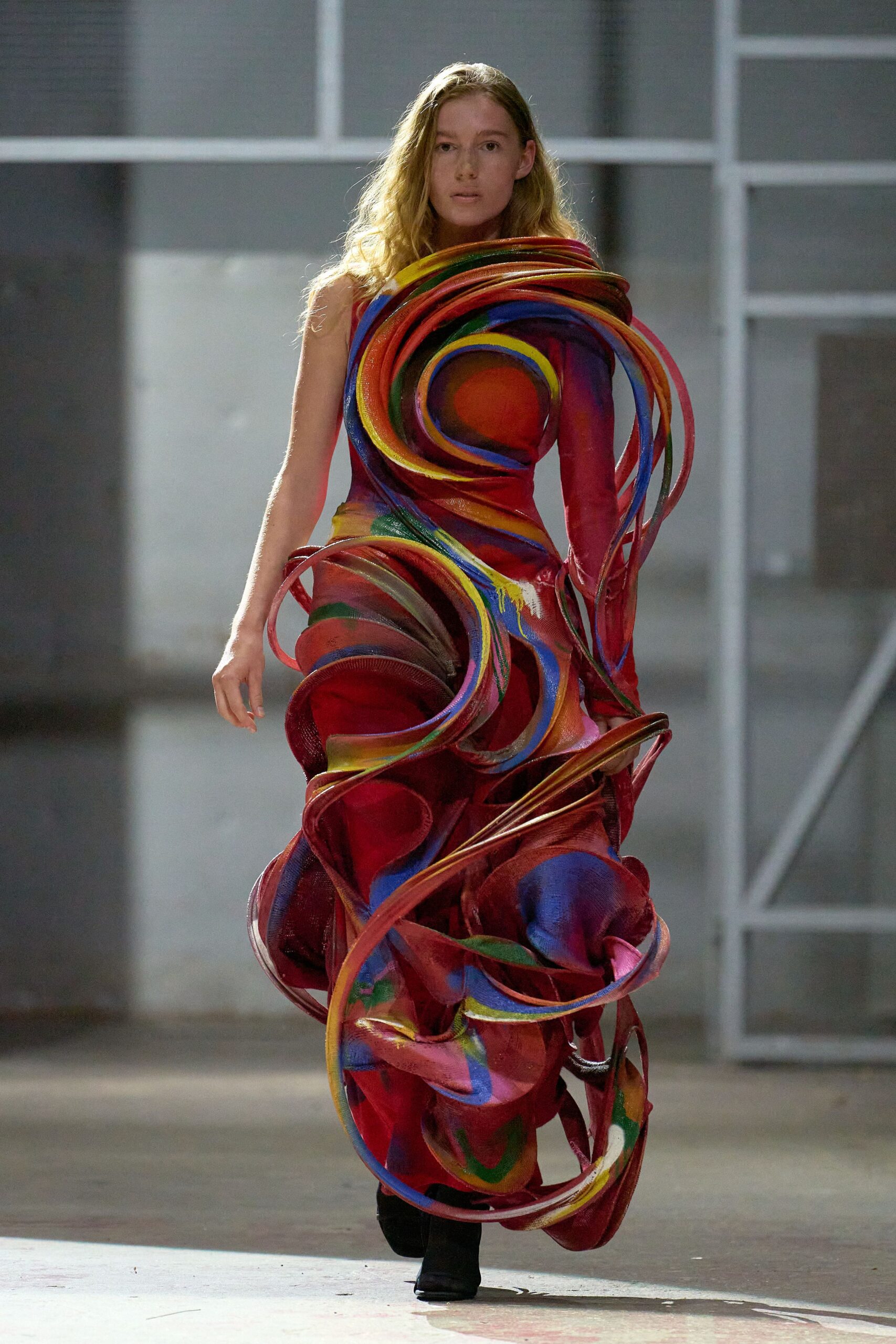 colorful draped gown with boots