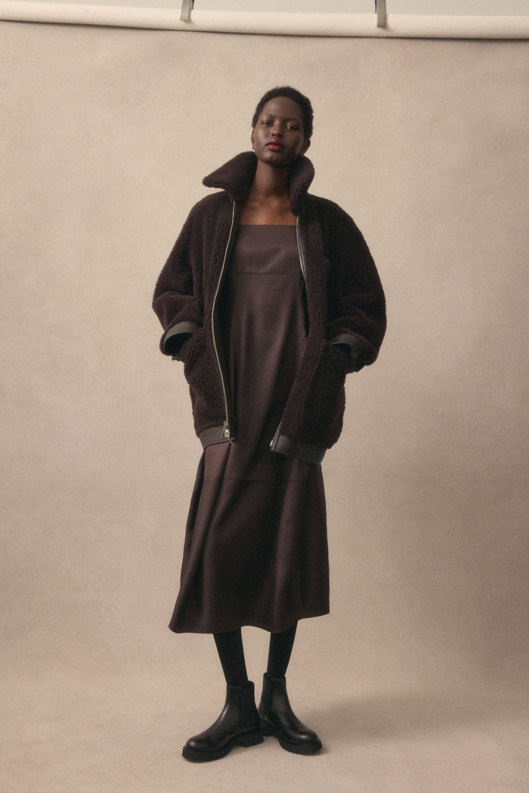 brown faux-fur long-sleeve collared oversized jacket