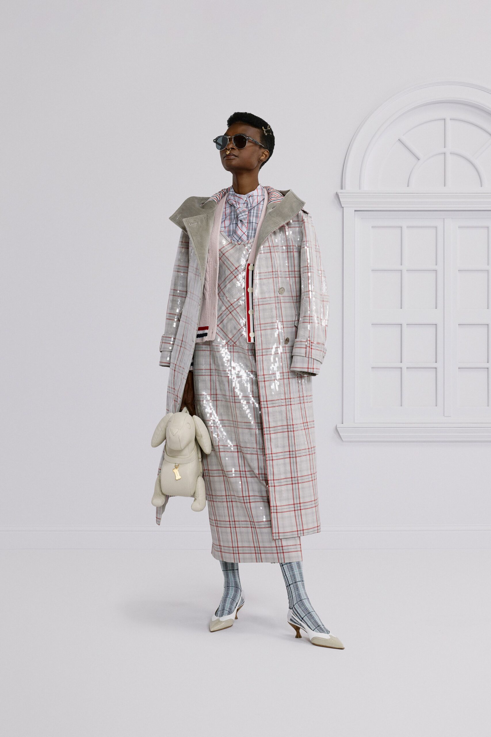 white vinyl long-sleeve collared relaxed checked zippered coat
