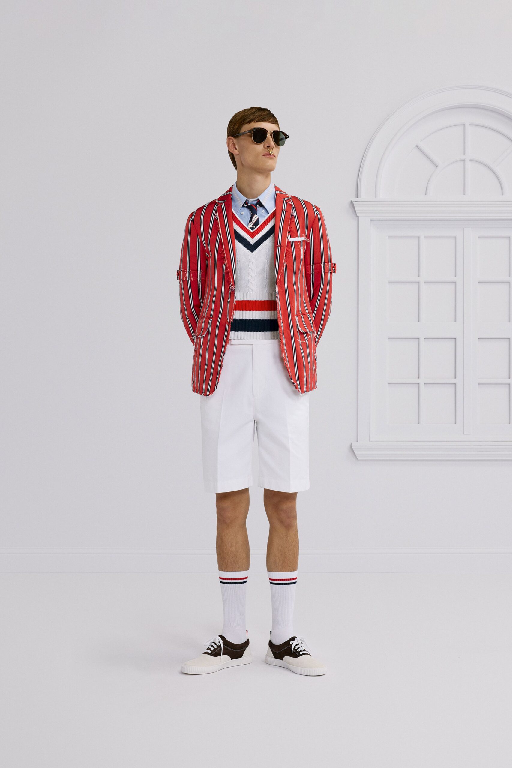 red long-sleeve collared tailored striped blazer