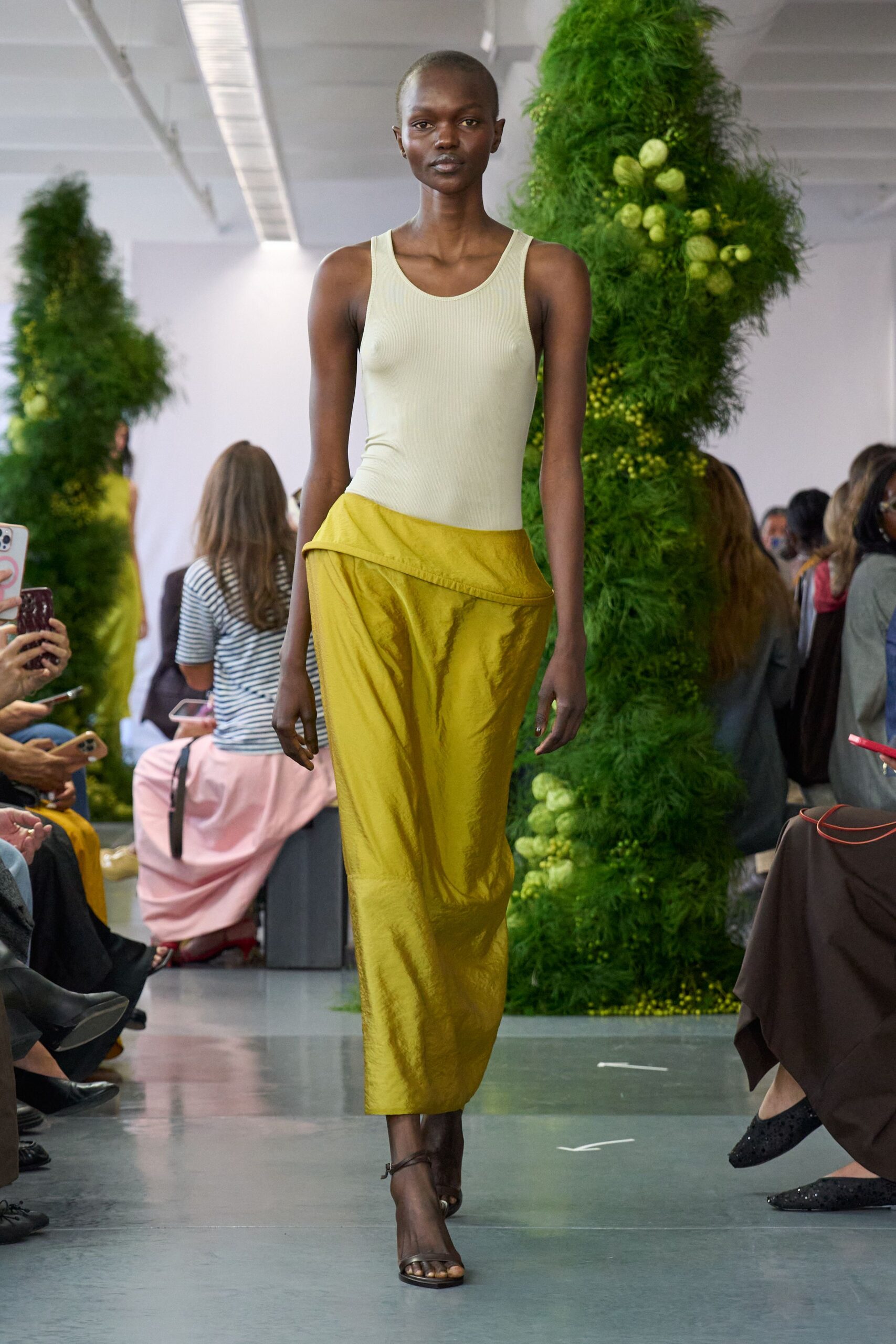 yellow silk asymmetric relaxed pleated midi skirt