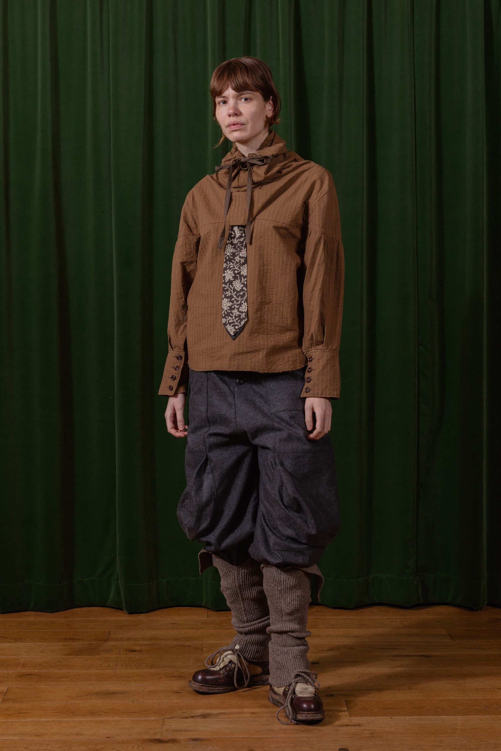 brown relaxed shirt gray wide-leg pants
