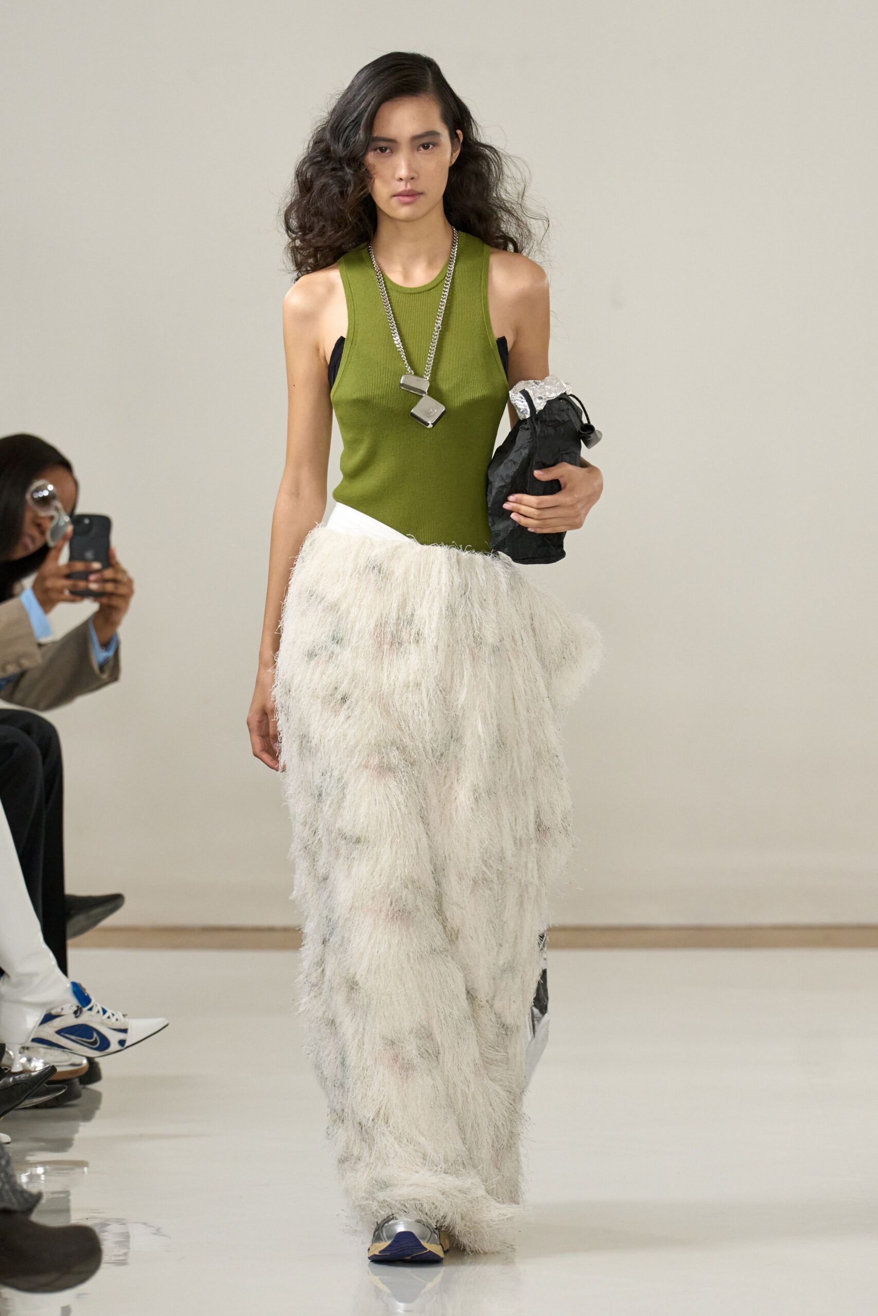 white silk long-sleeve relaxed fringed maxi skirt