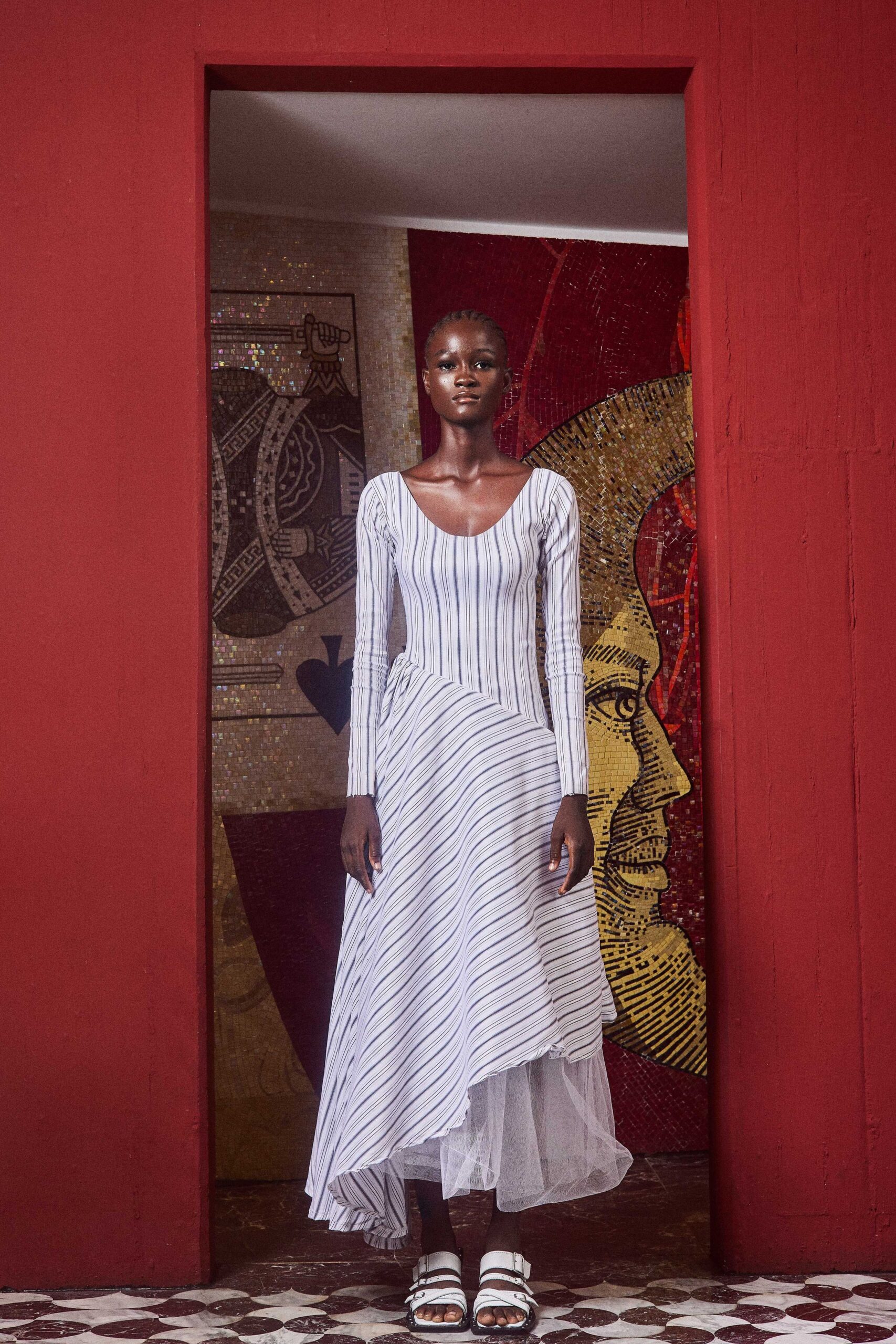 white and blue striped midi dress