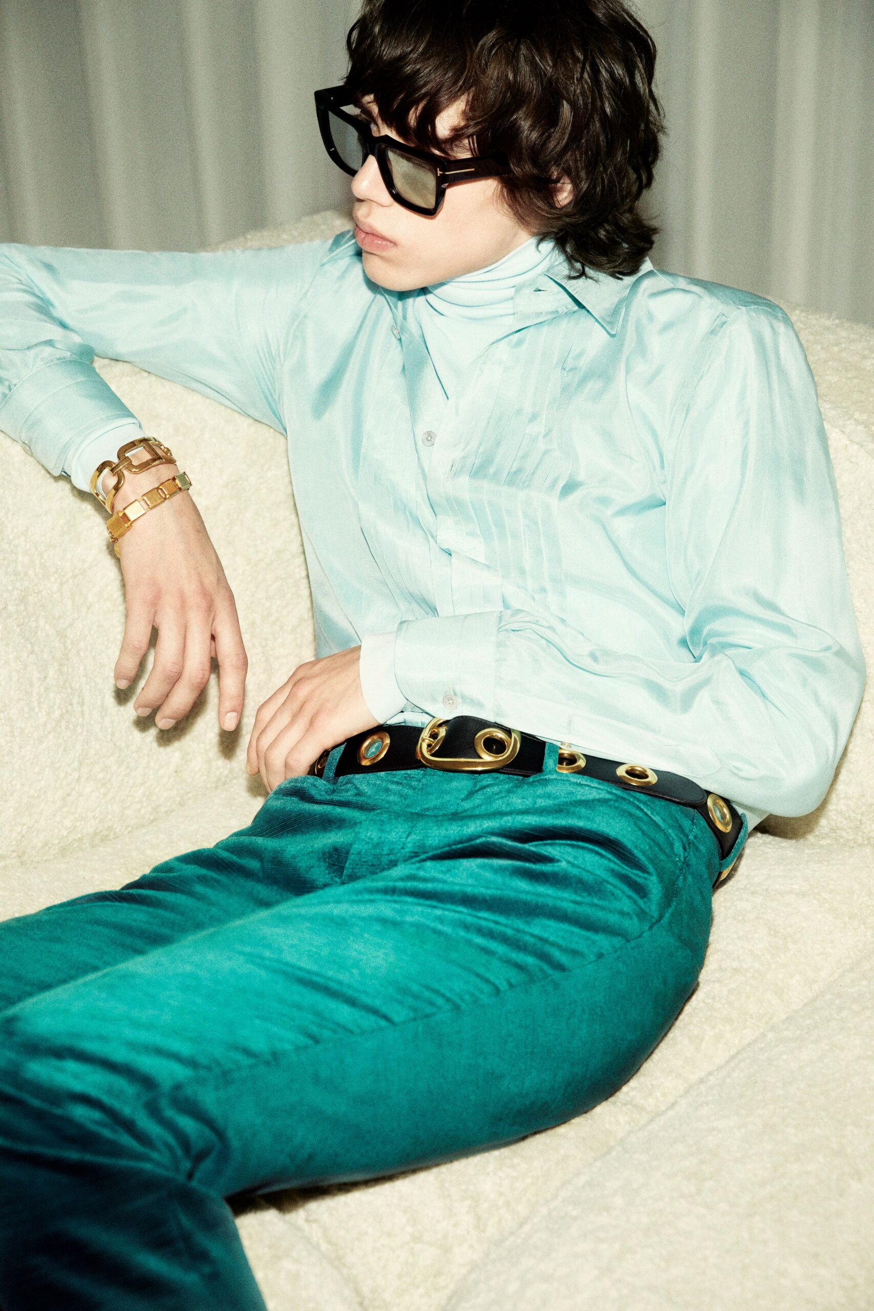 teal silk long-sleeve collared fitted pleated shirt