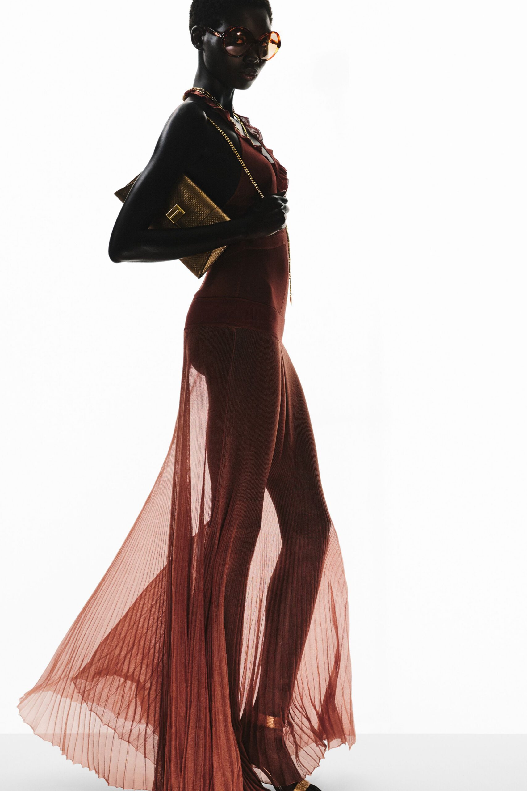 red silk sleeveless v-neck fitted pleated sheer dress