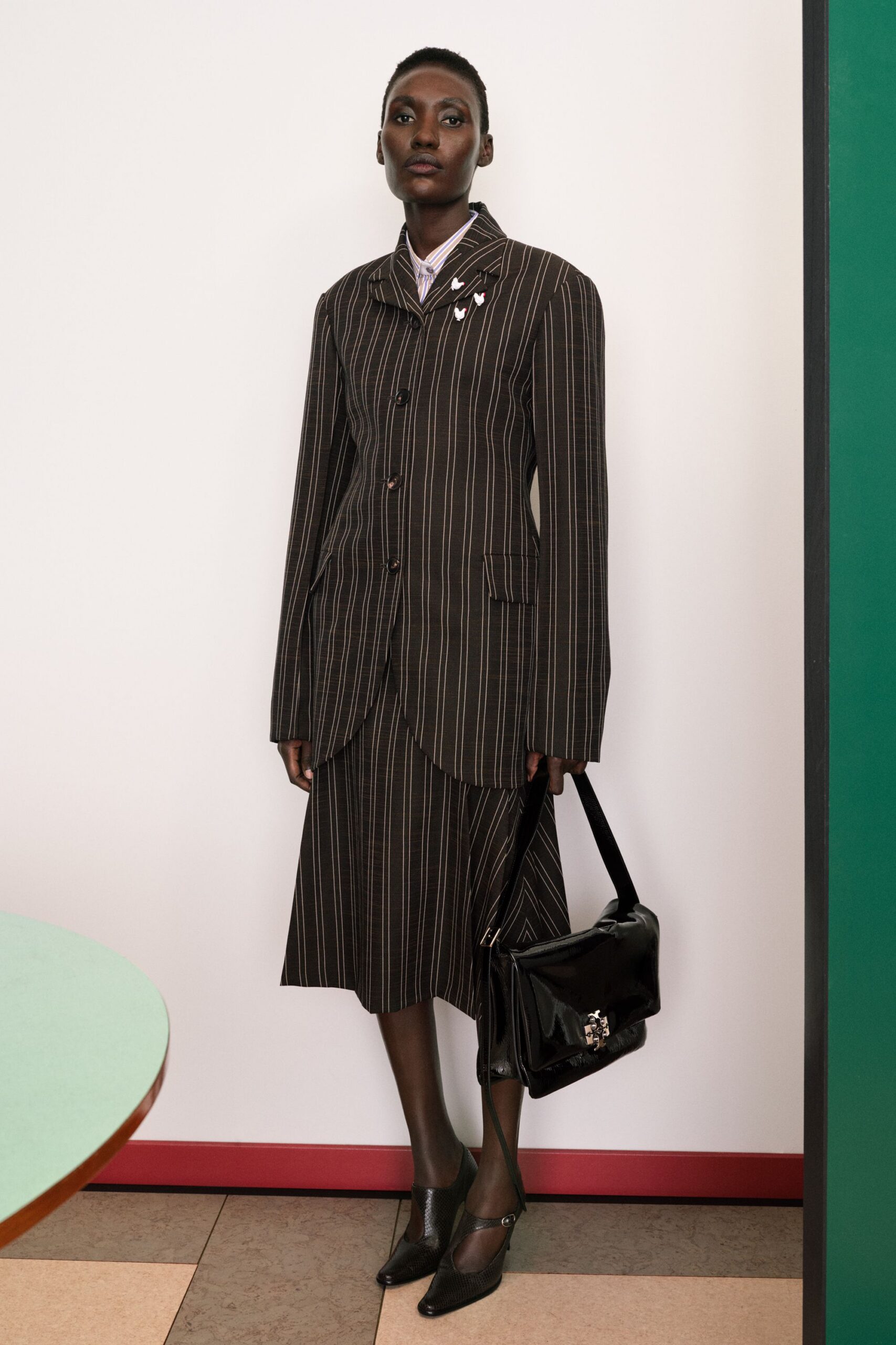 black striped blazer and pencil skirt