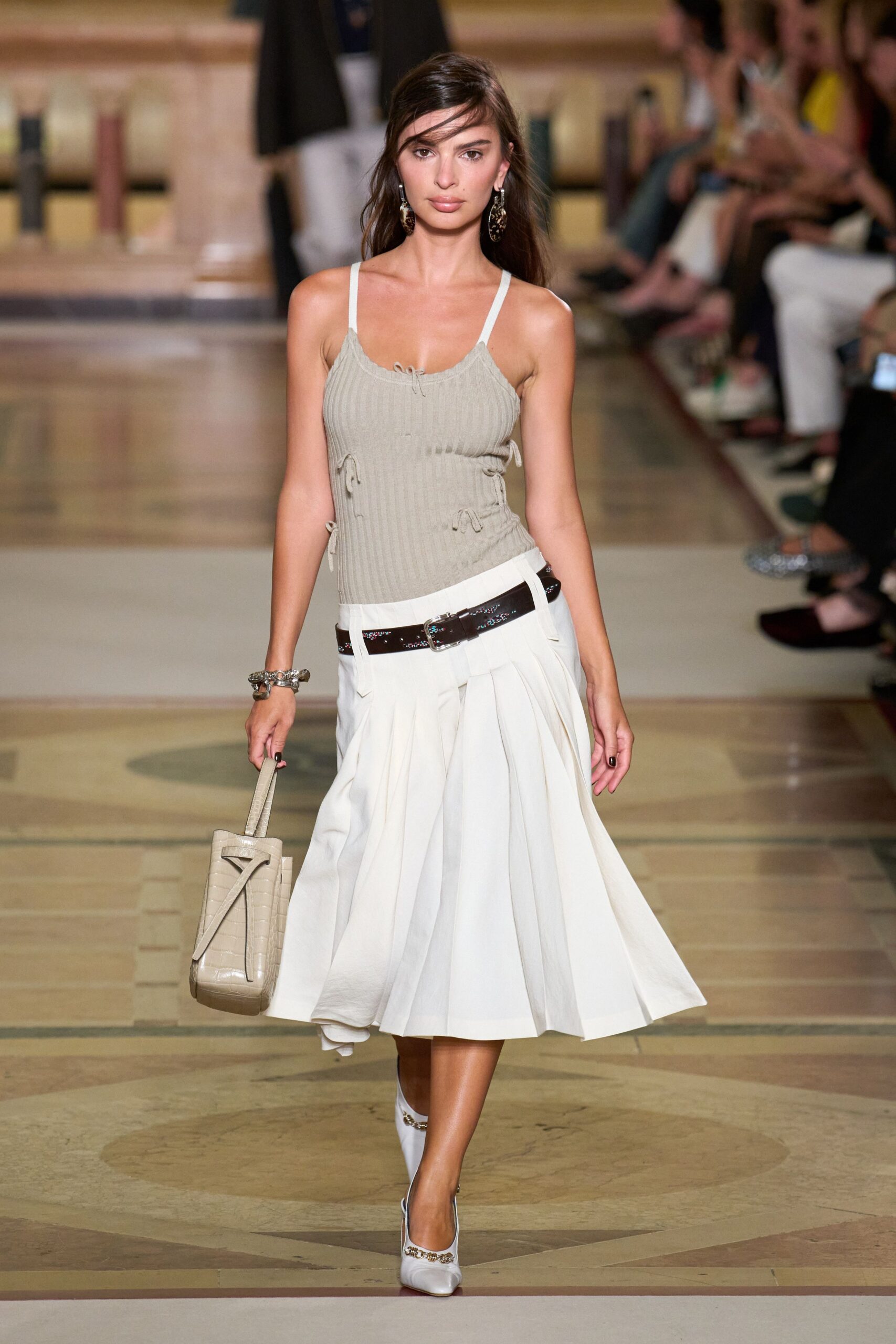 beige fitted top white pleated skirt