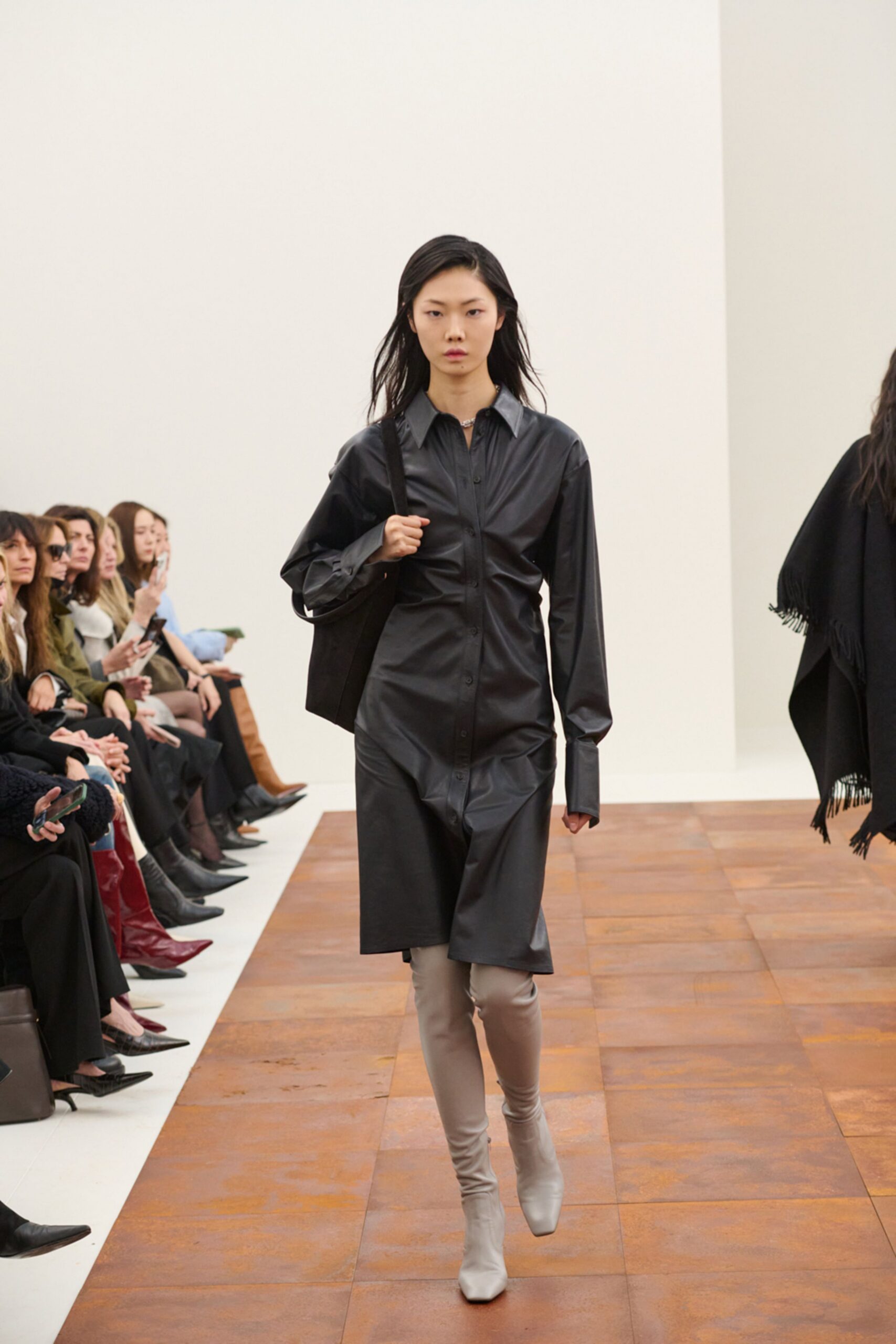 black leather long-sleeve collared fitted midi shirt-dress