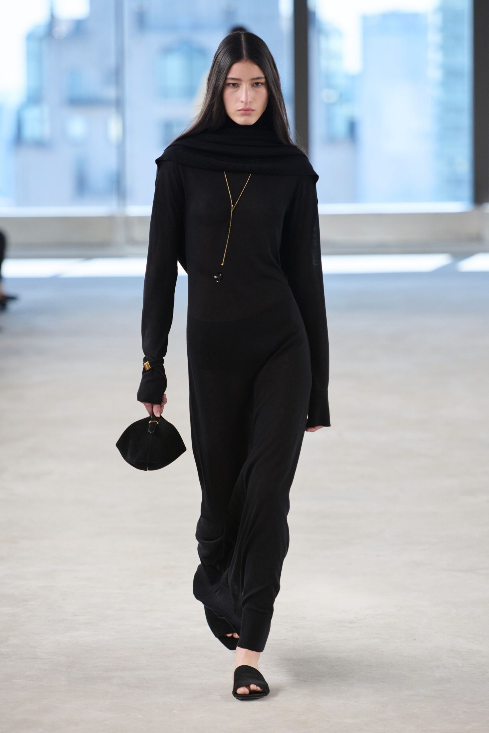 black cotton long-sleeve turtleneck fitted zippered jumpsuit