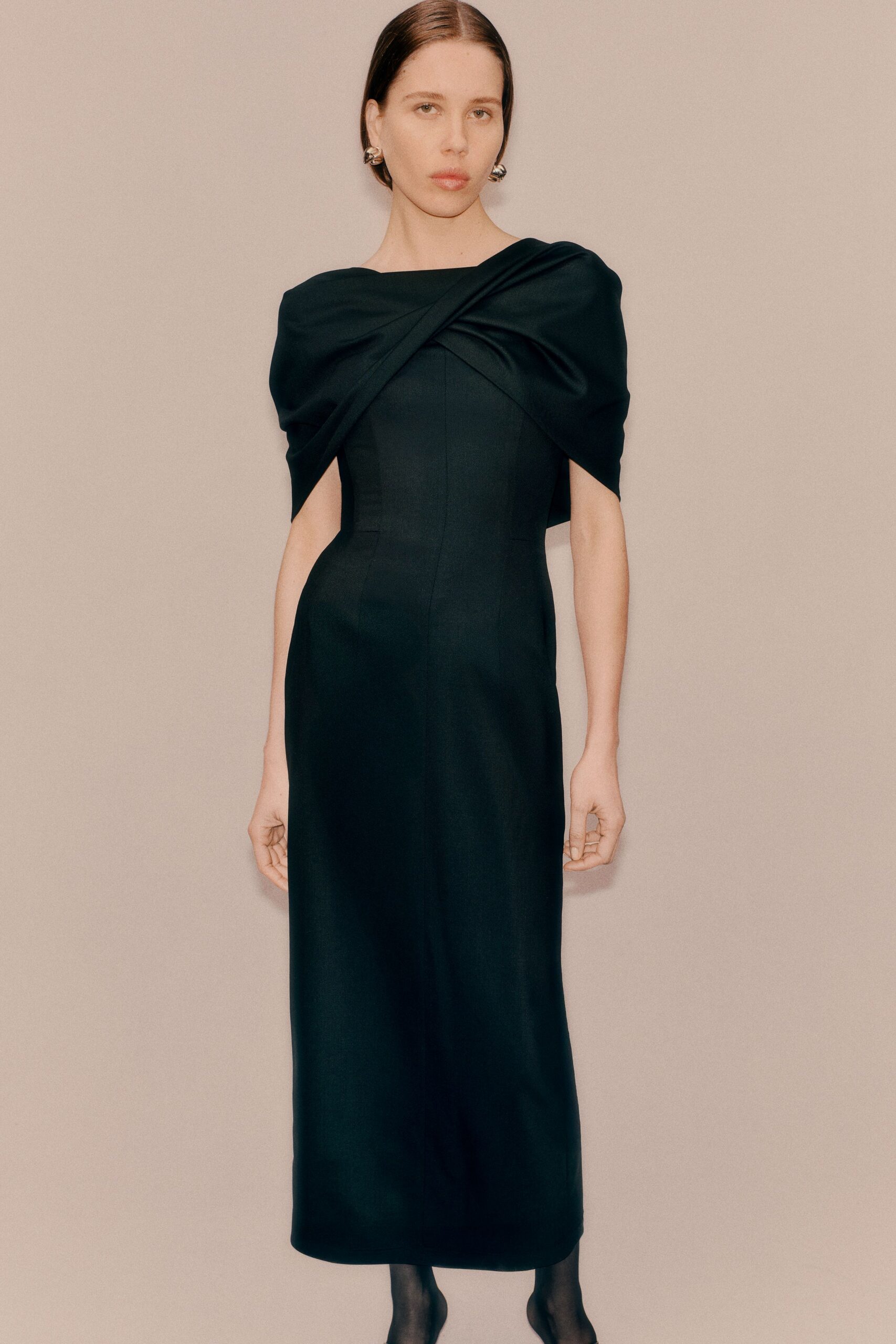 black silk off-shoulder gown