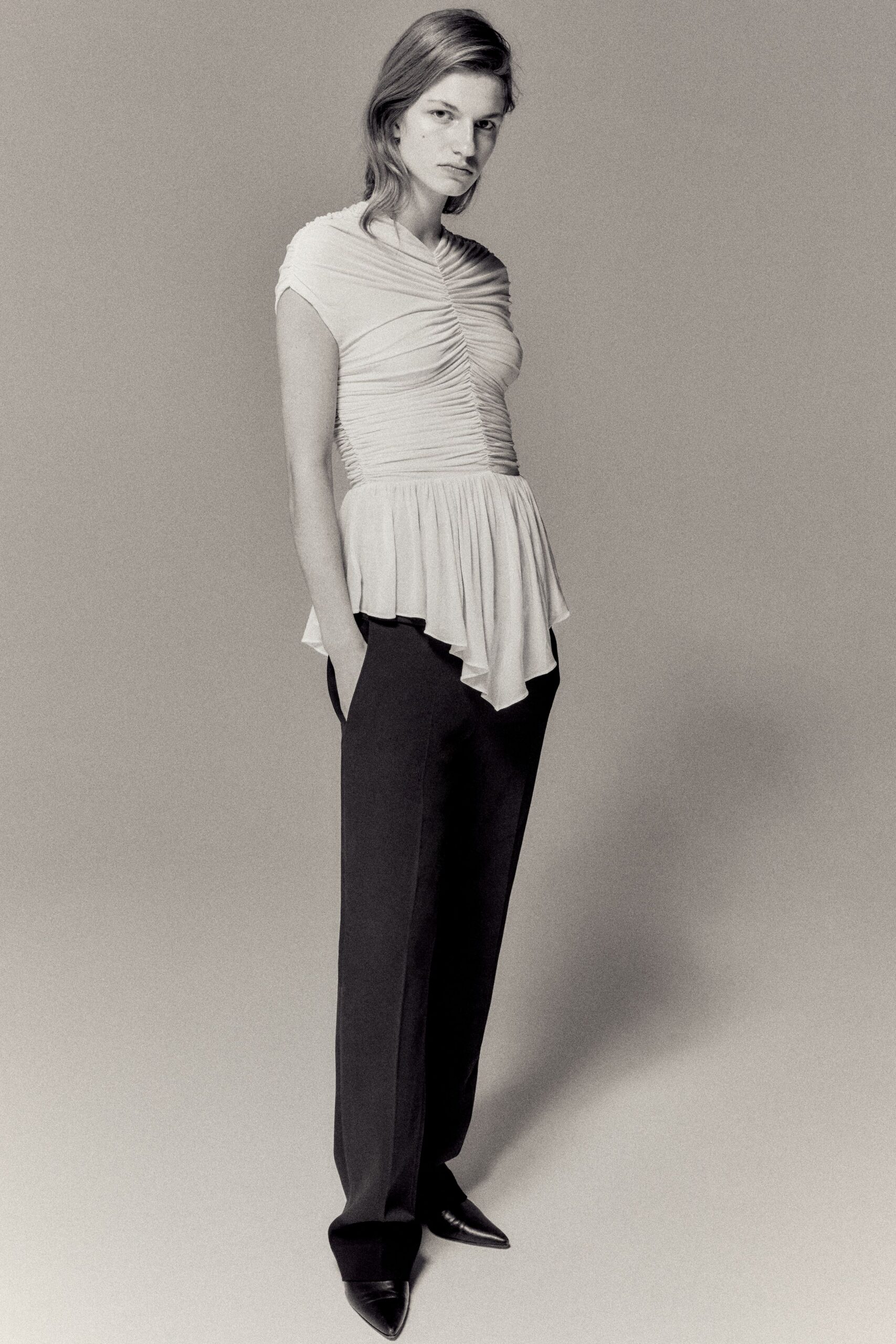 beige silk short-sleeve v-neck fitted ruched top