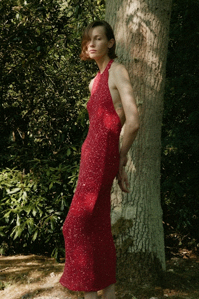 red sequined halter gown