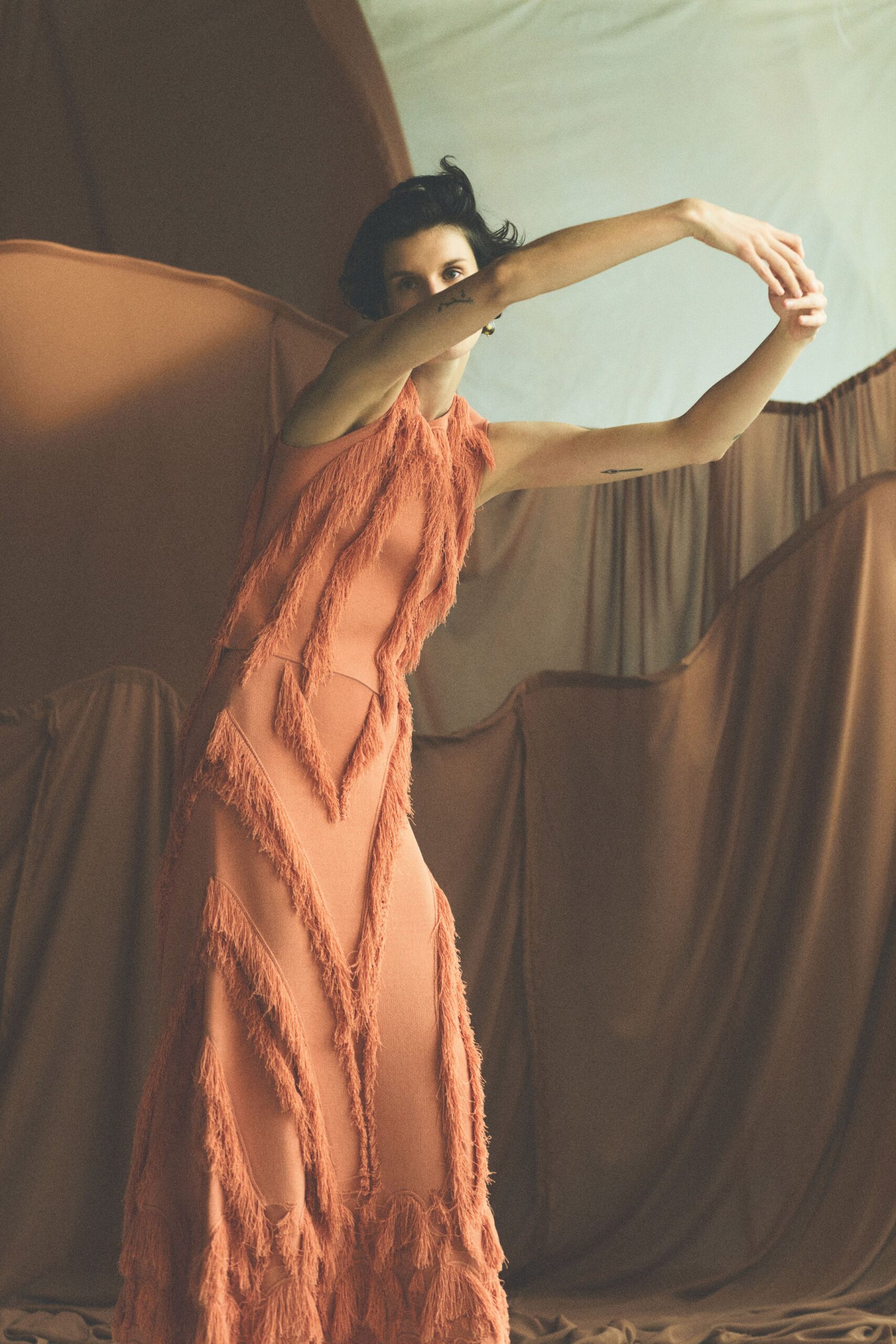 fitted orange fringed maxi dress