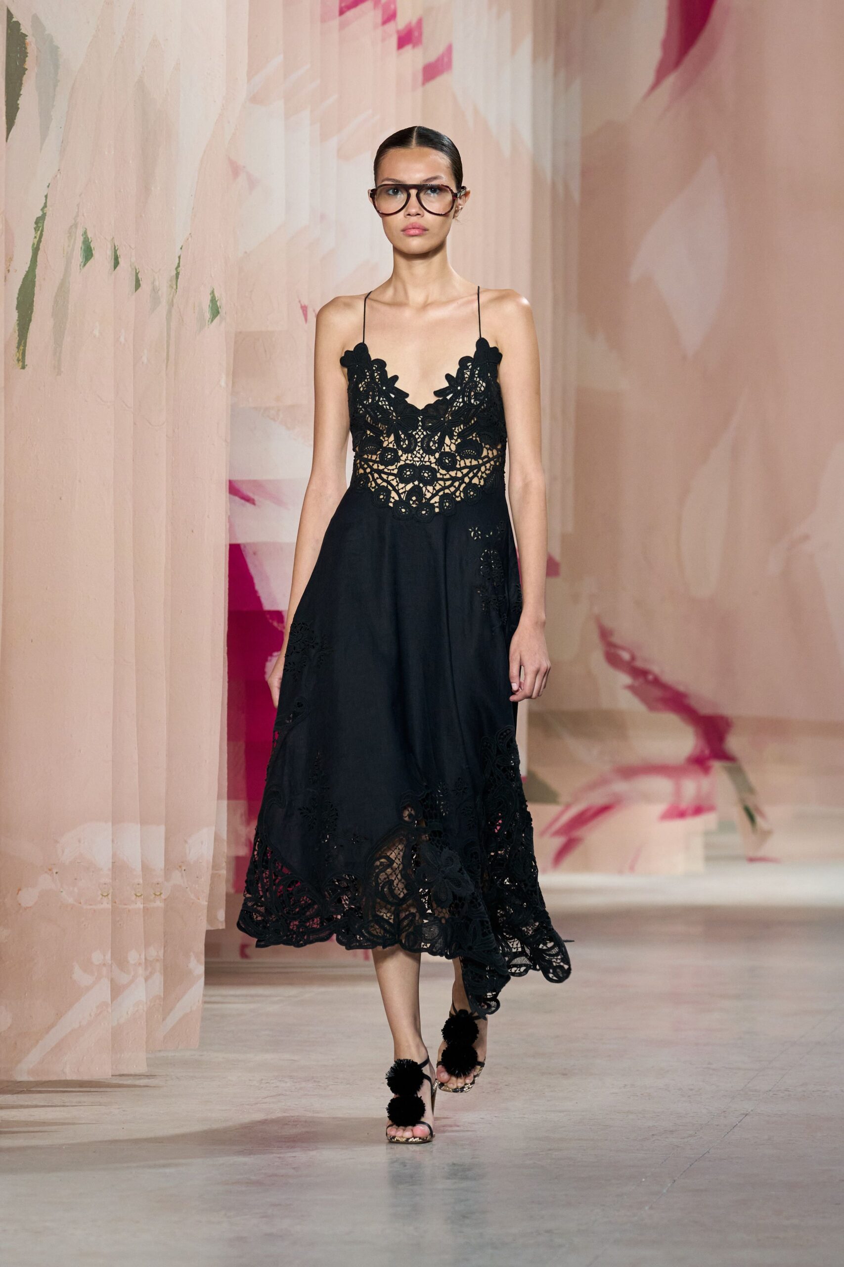 black embroidered midi dress with fringed shoes