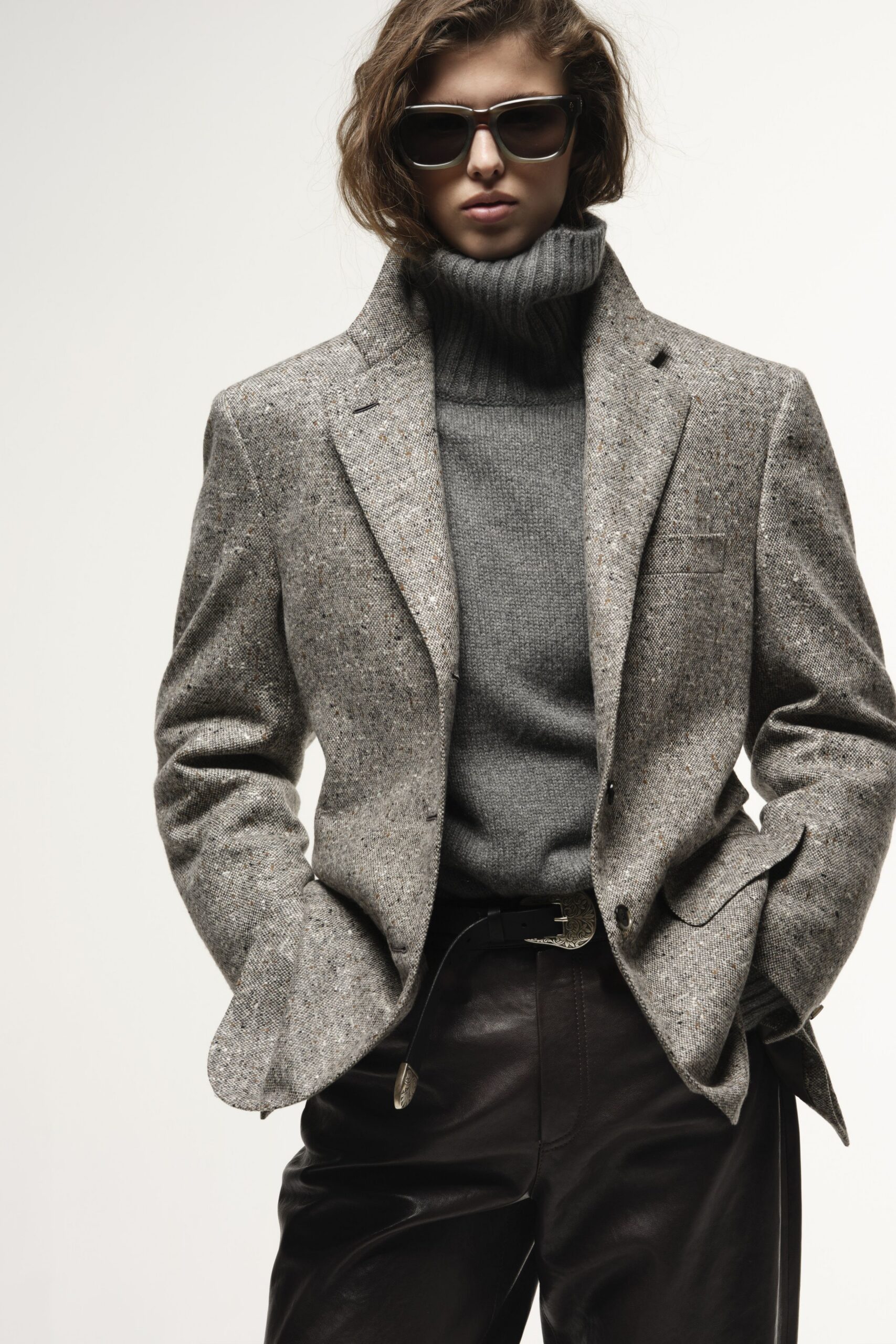 gray tweed blazer with turtleneck