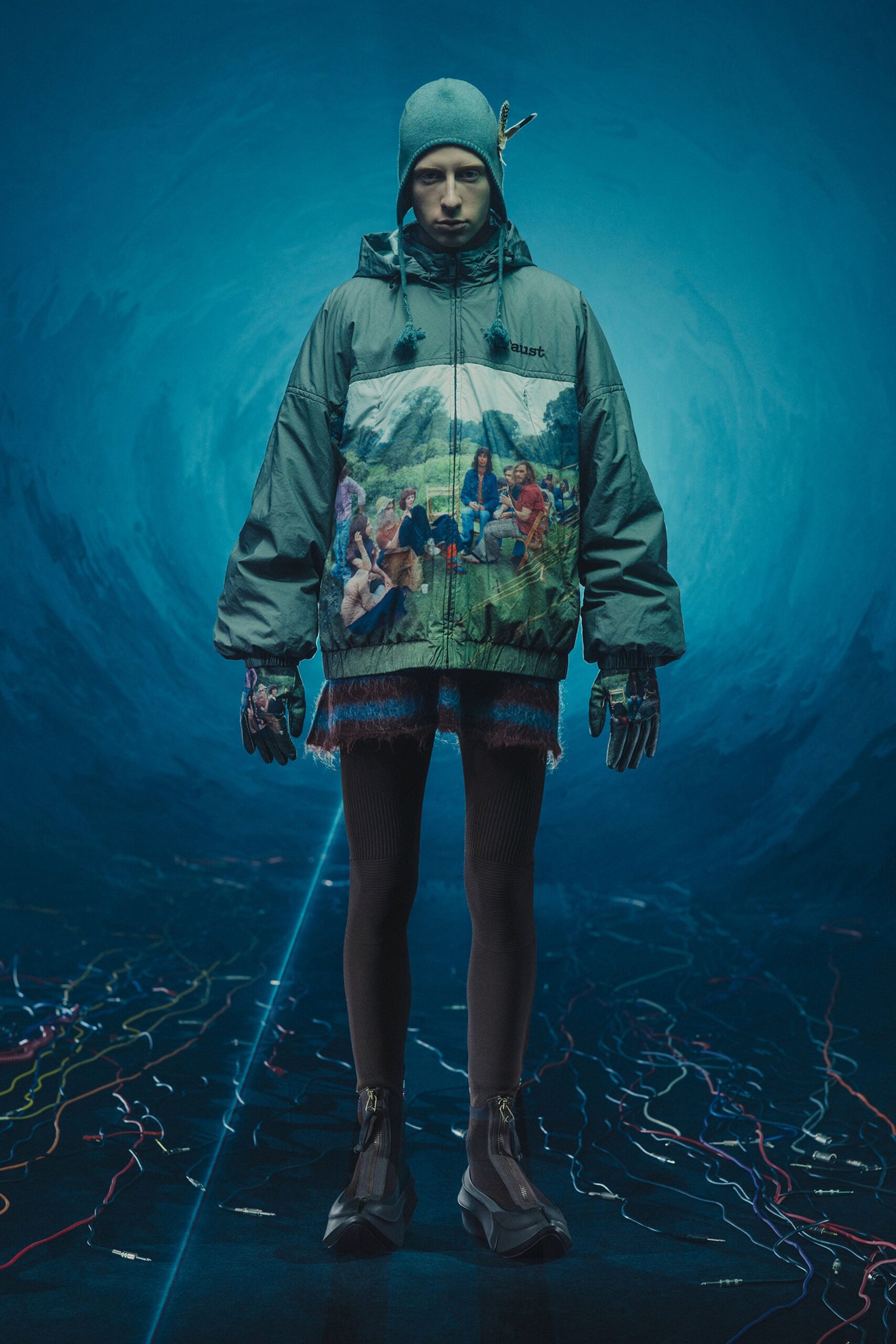 green jersey long-sleeve hooded oversized printed jacket