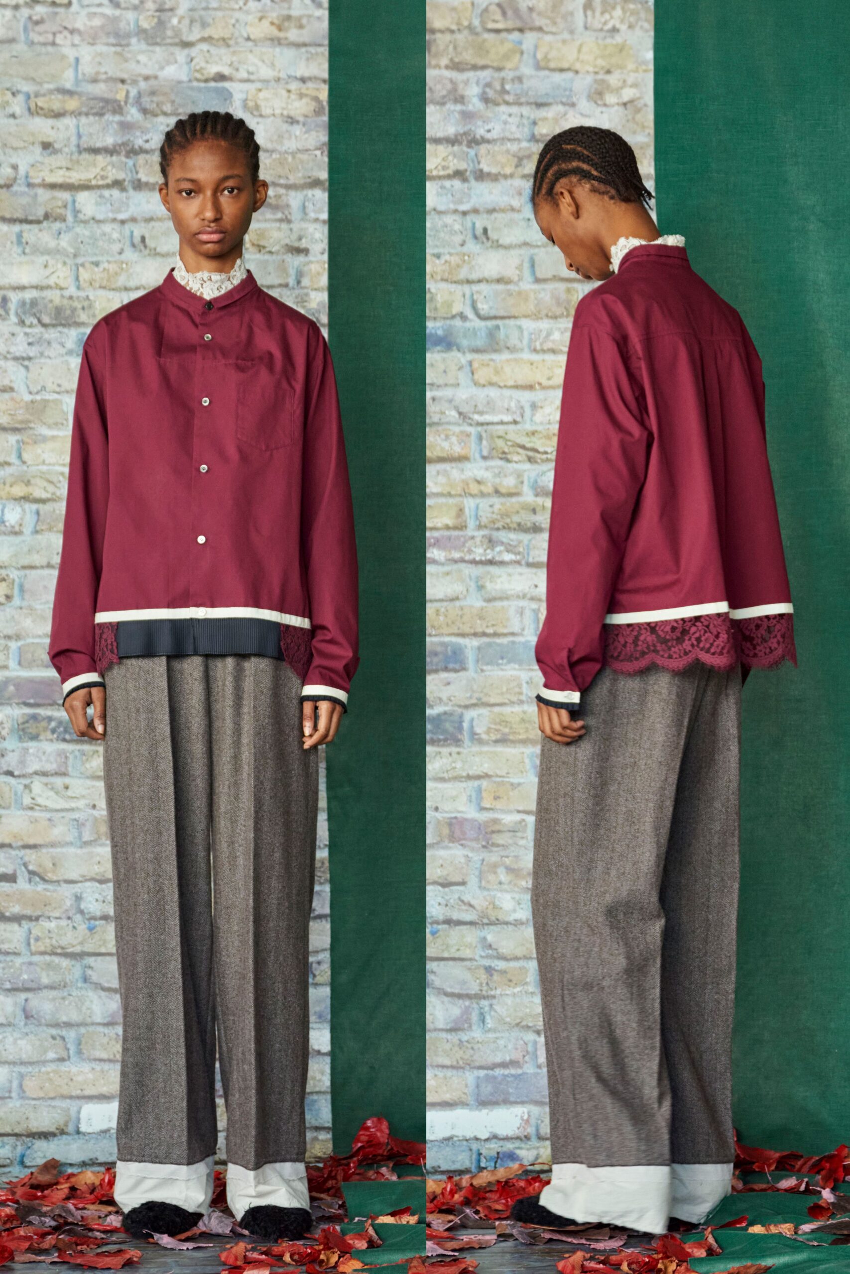 red cotton shirt with gray pants