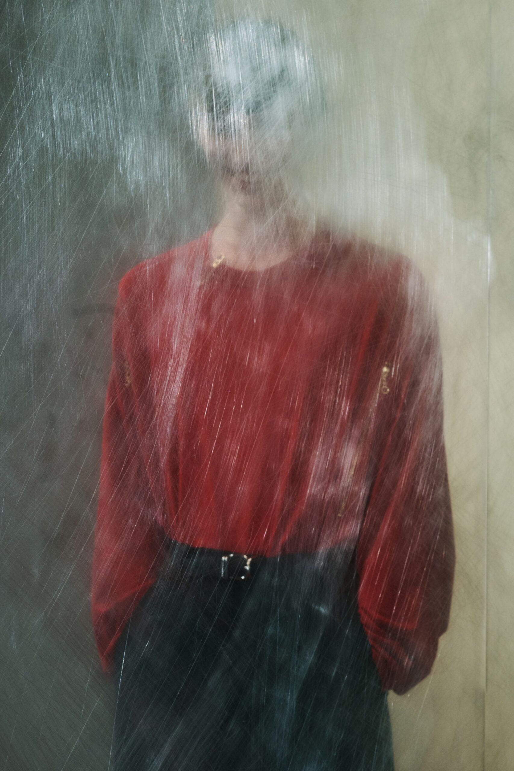 red silk long-sleeve collared relaxed sheer top