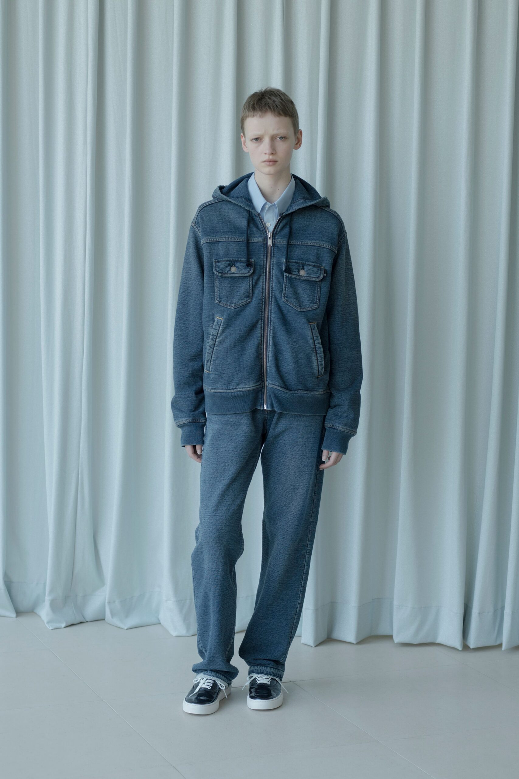 blue denim hoodie and pants