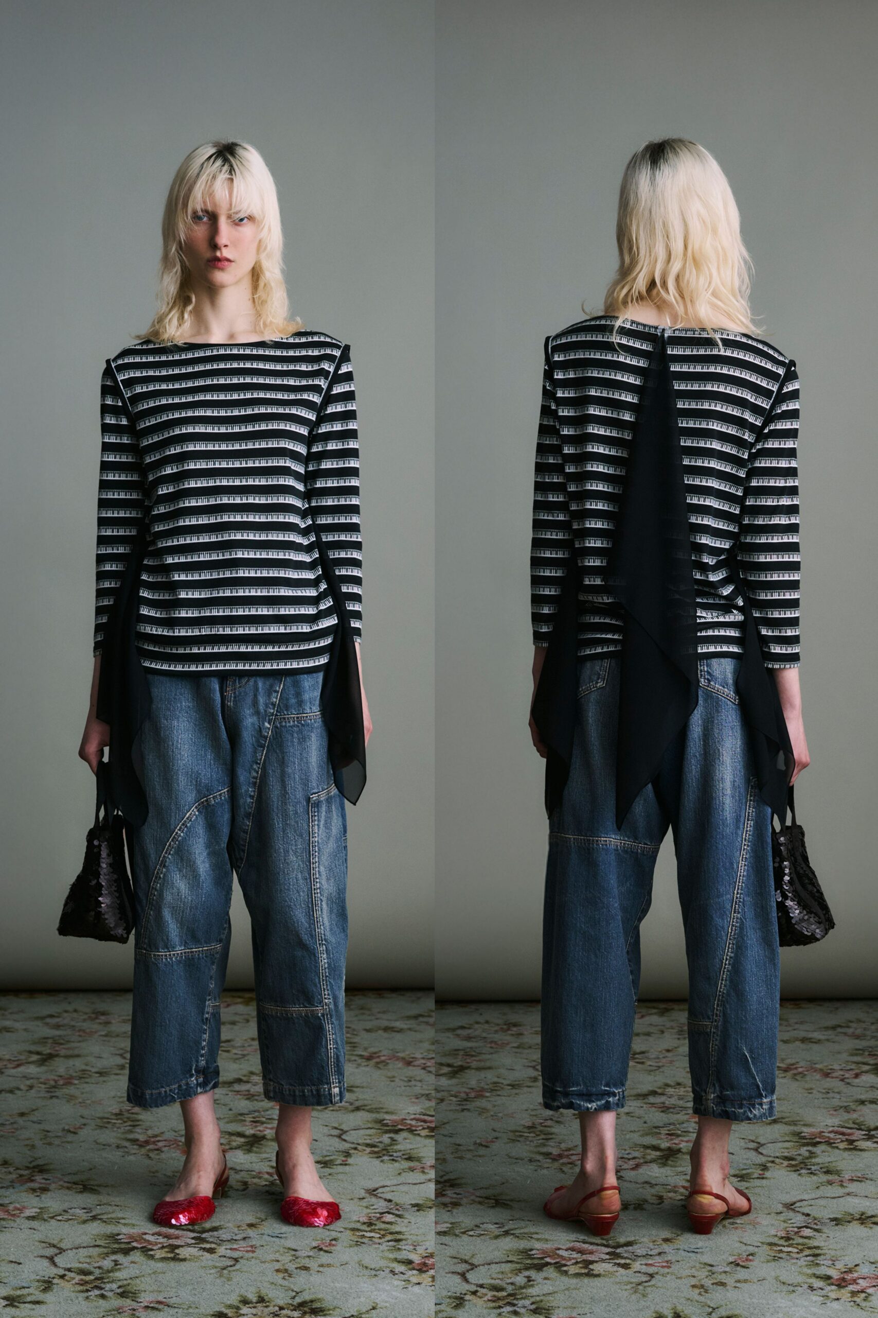 striped top with distressed pants