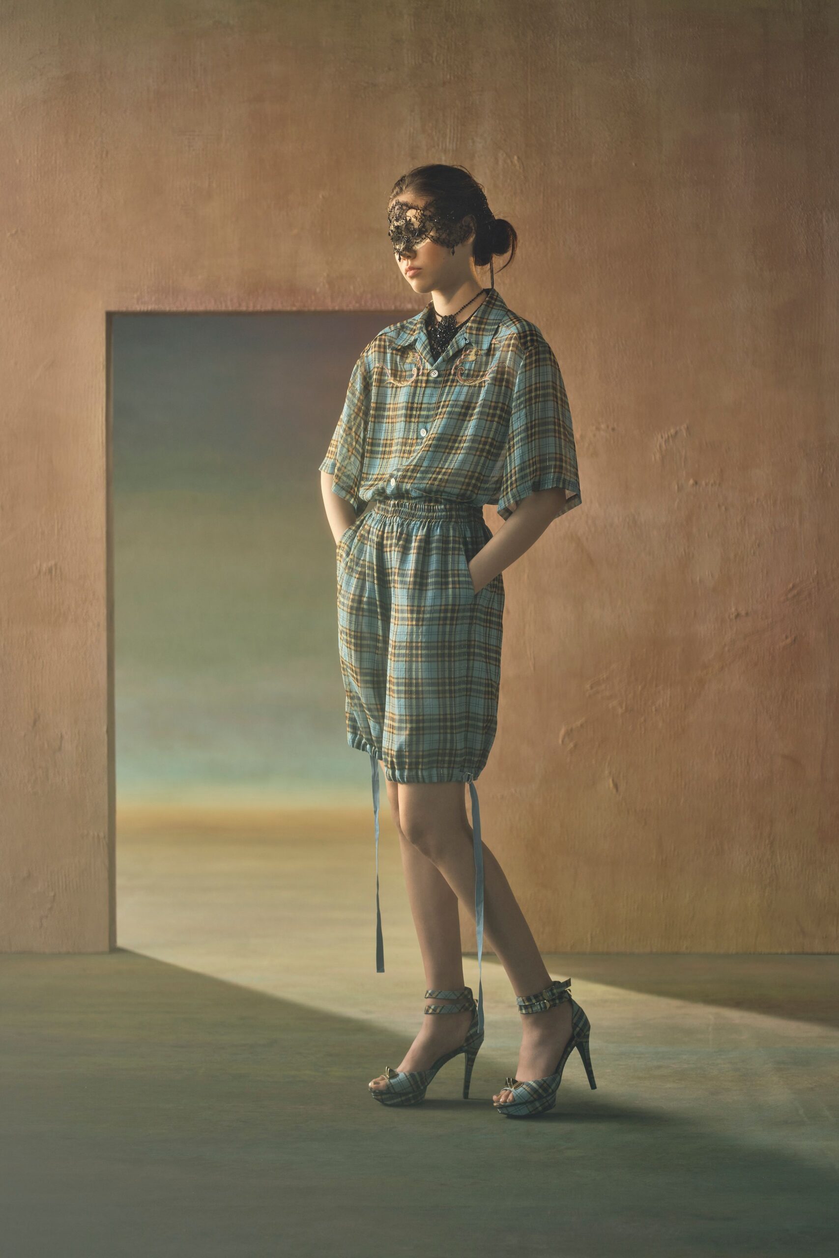 blue cotton short-sleeve collared relaxed checked belted shirt-dress