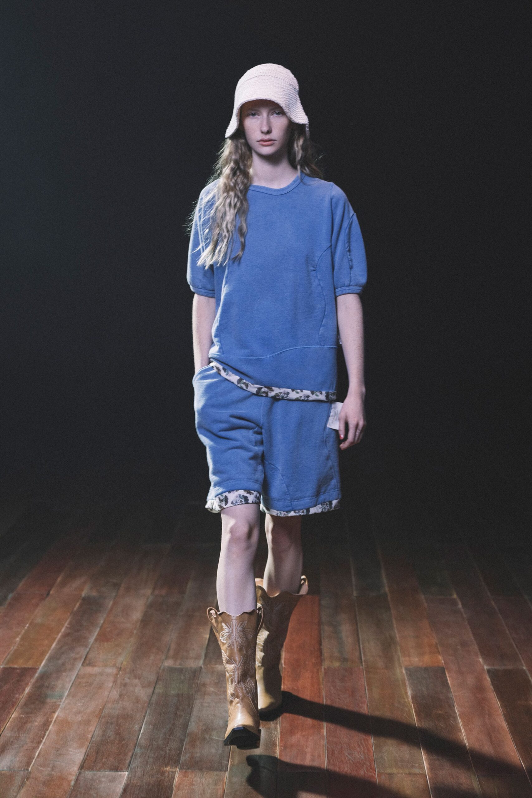blue cotton top and shorts with pink hat