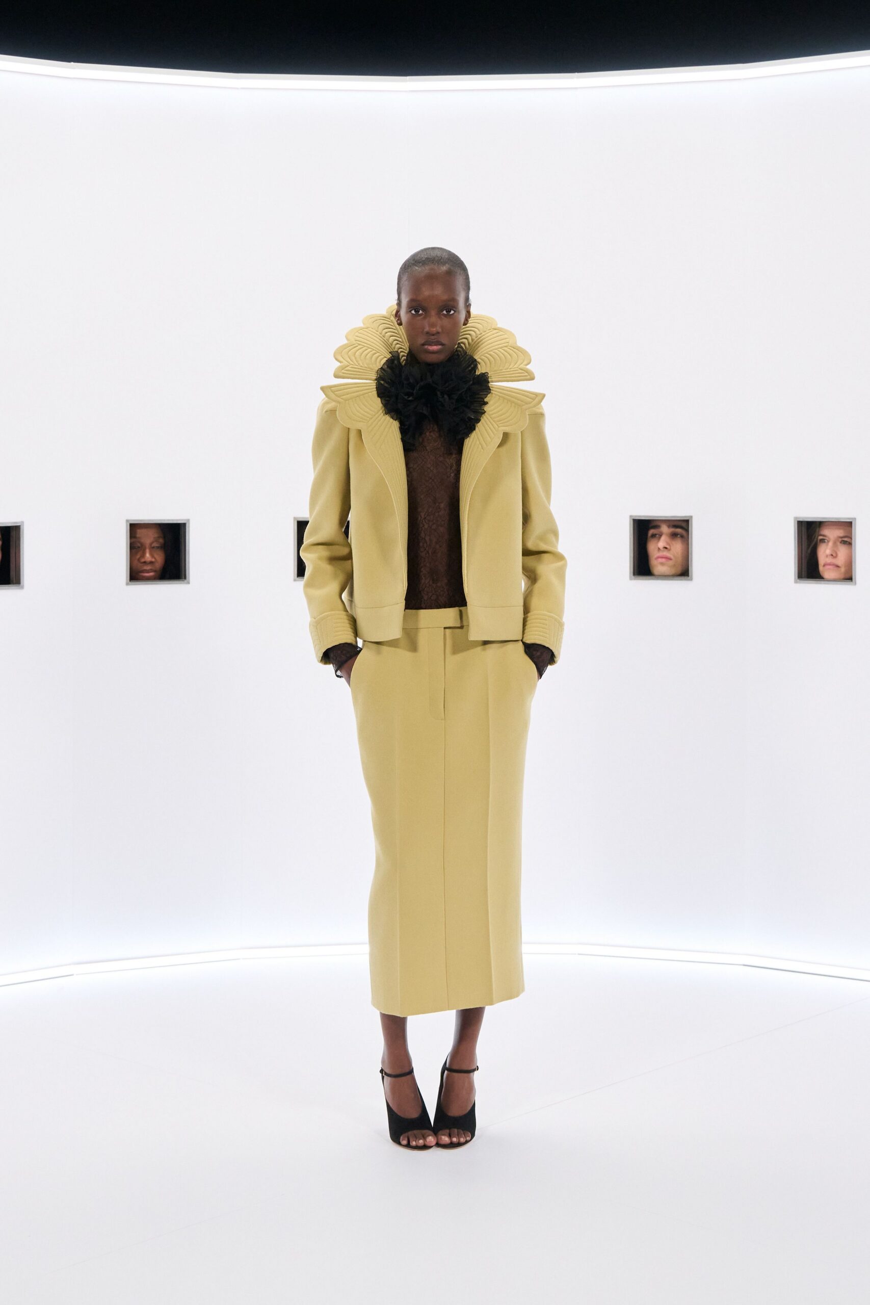 yellow wool long-sleeve collared structured layered midi coat