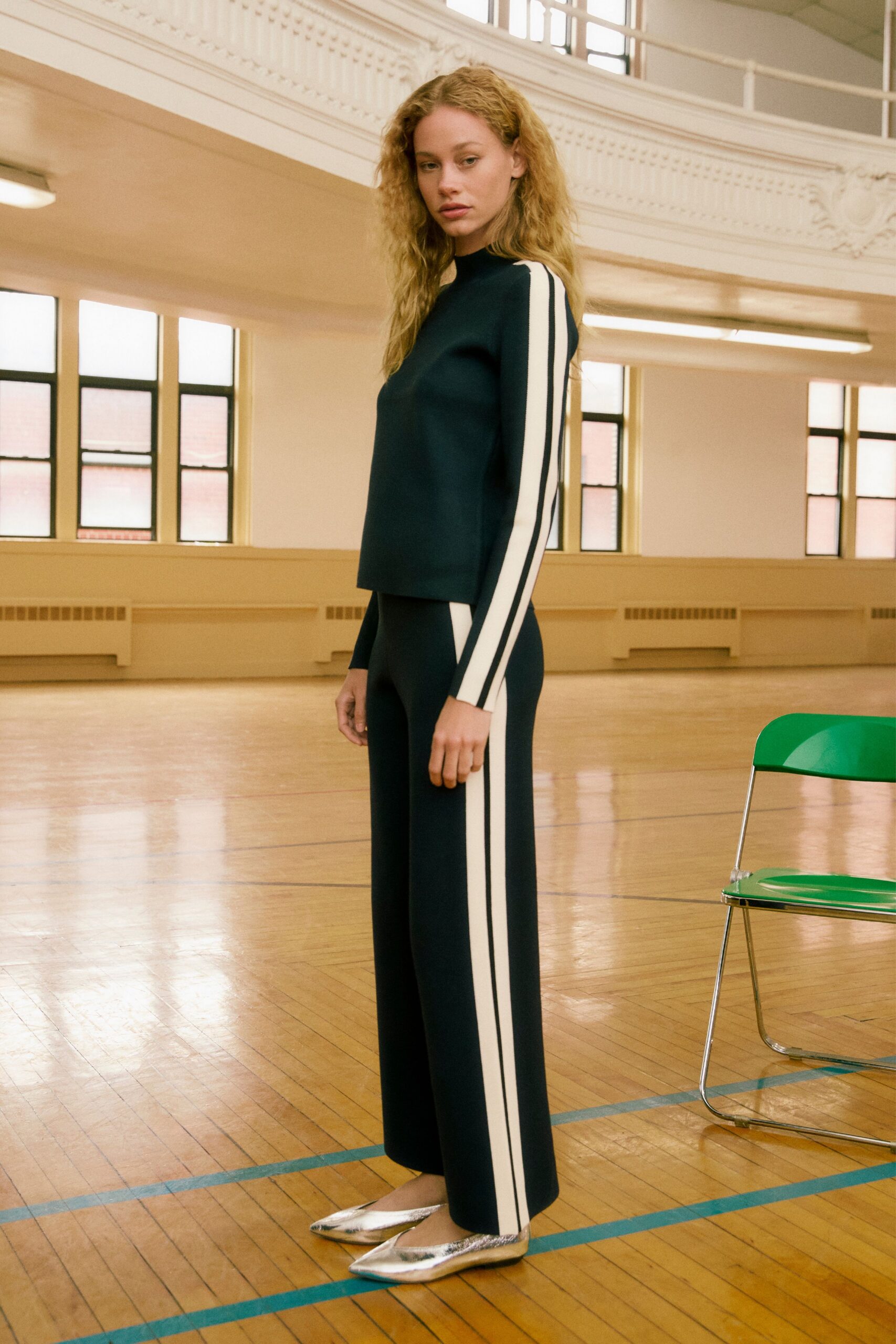 black neoprene long-sleeve high-neck fitted striped top