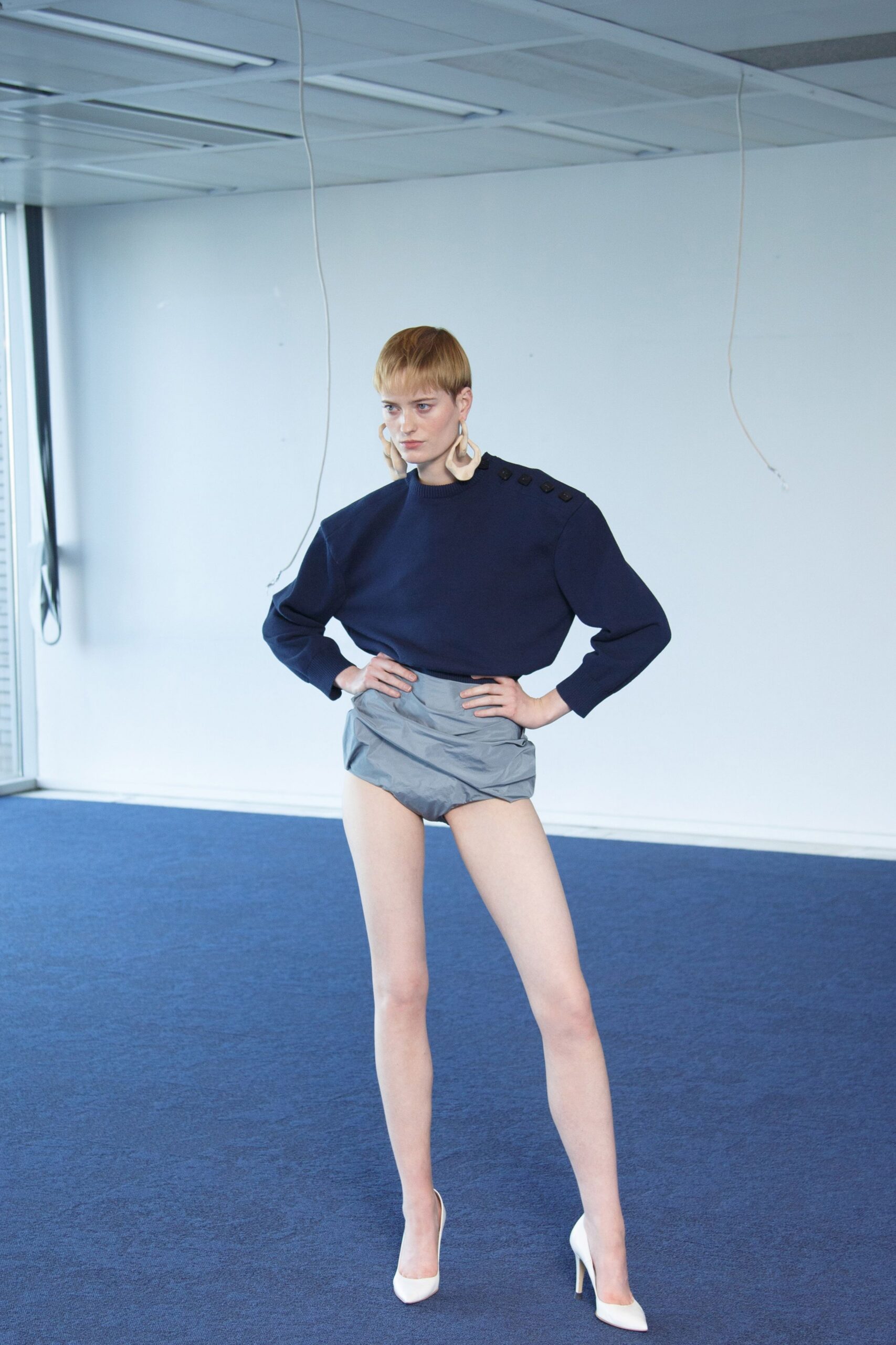 blue cotton long-sleeve collared oversized buttoned sweater