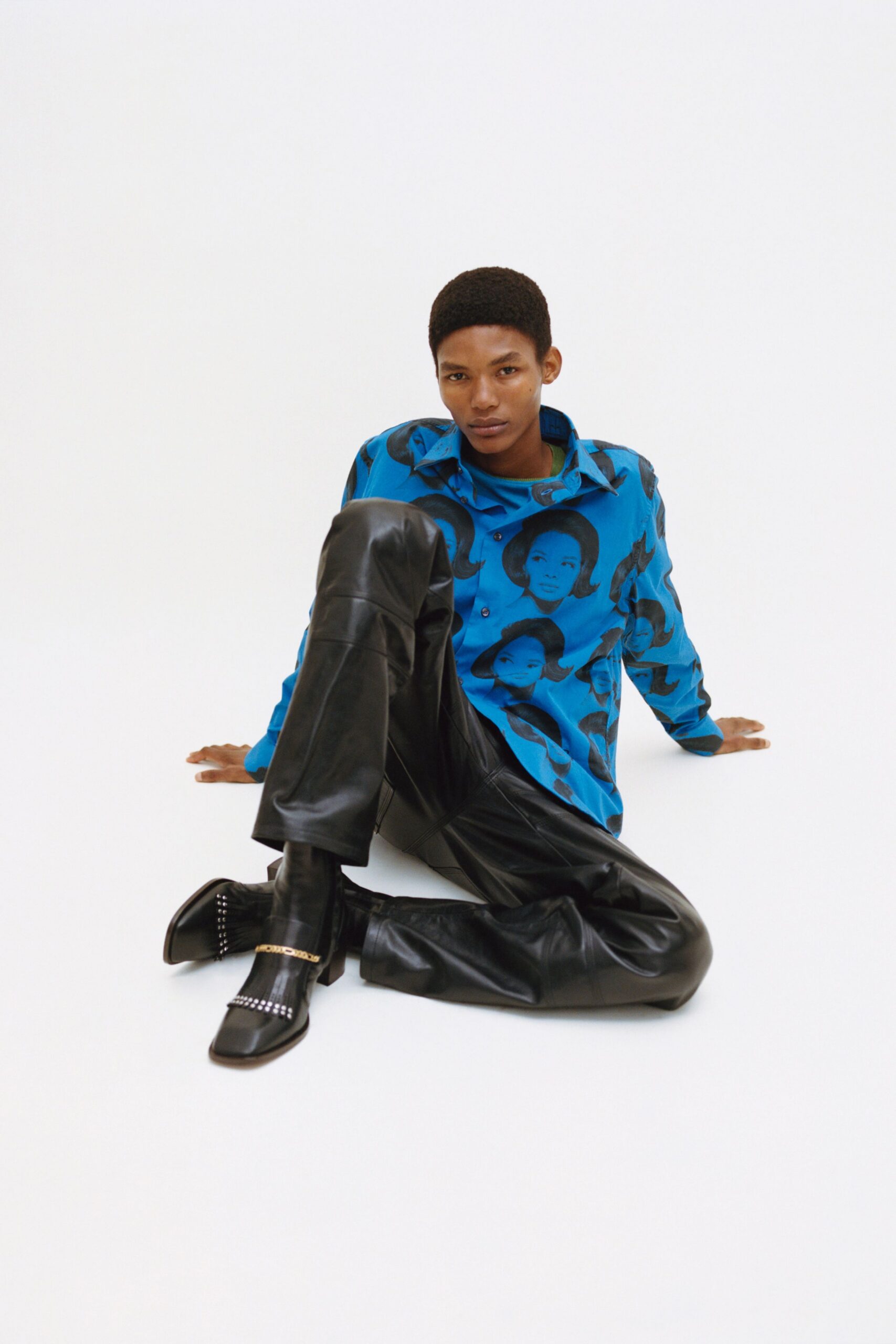 blue printed shirt black leather pants
