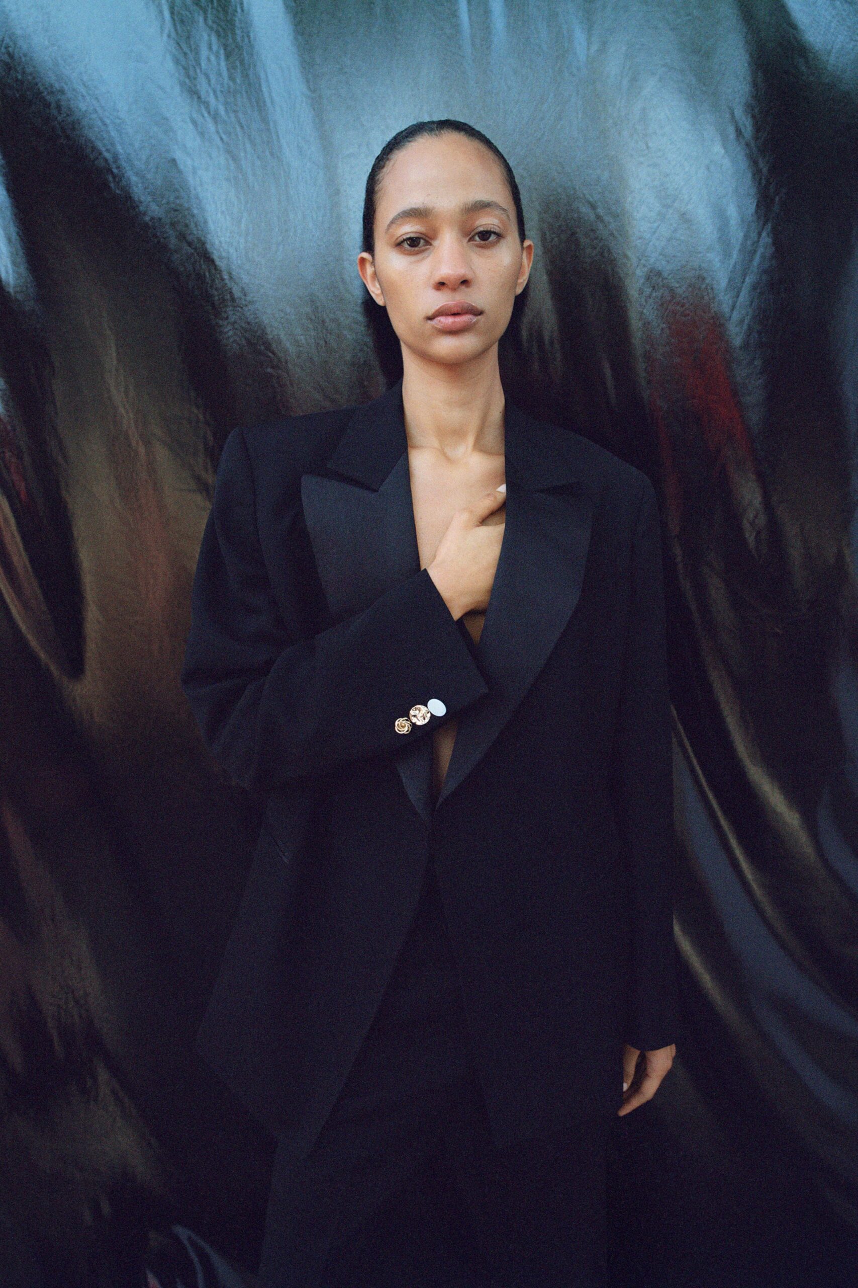black structured blazer and tailored pants