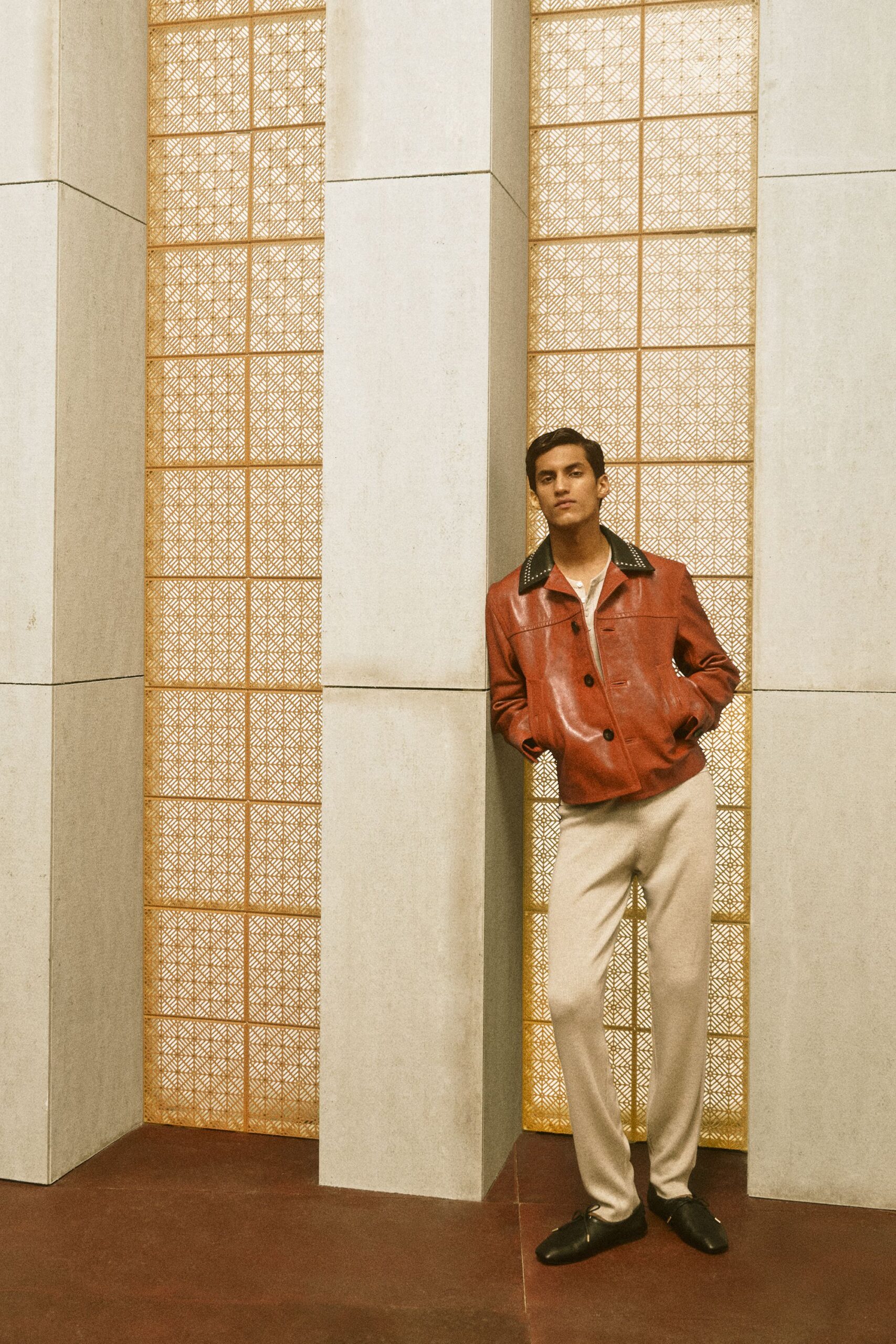 red leather long-sleeve collared fitted jacket