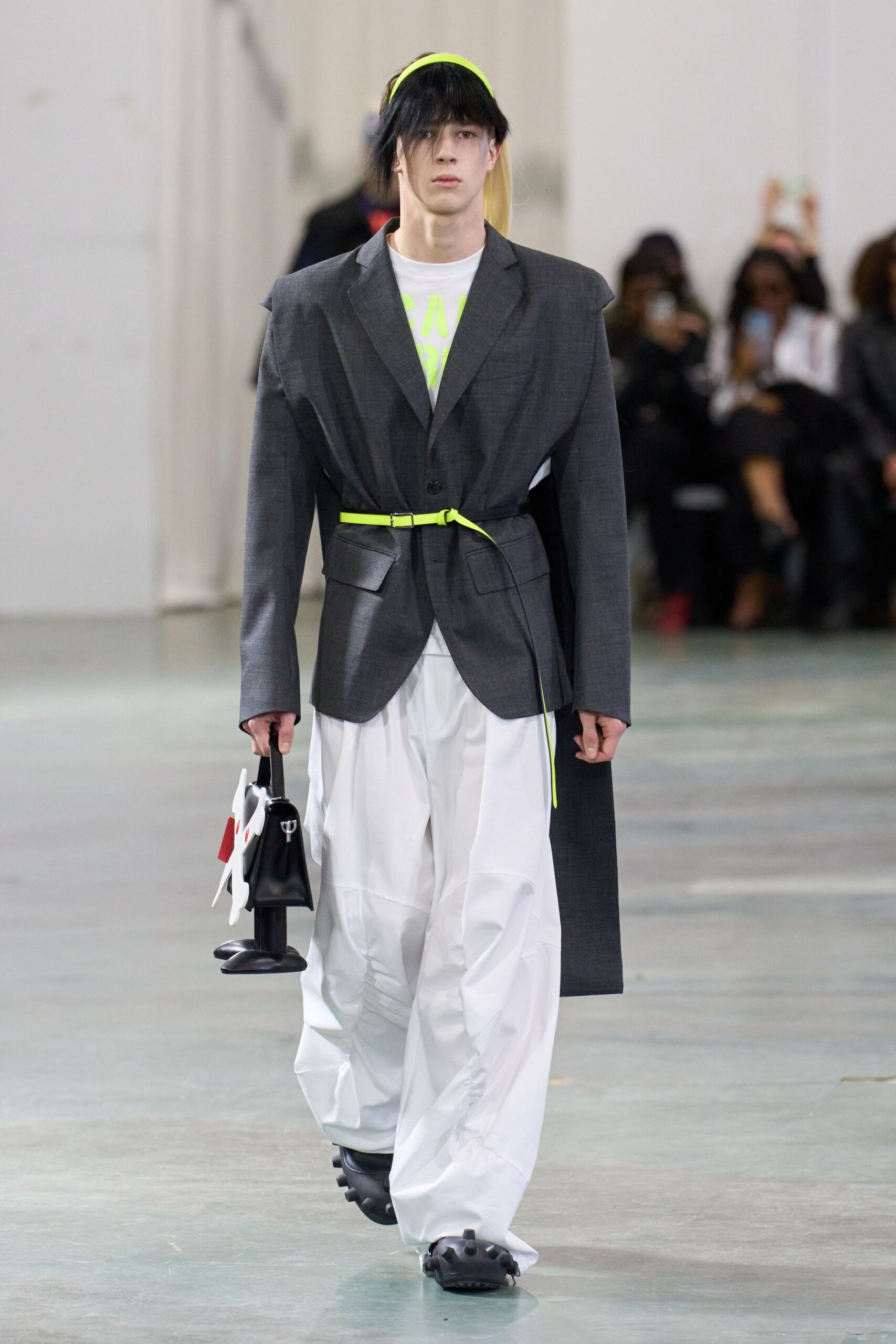 gray blazer with white pants