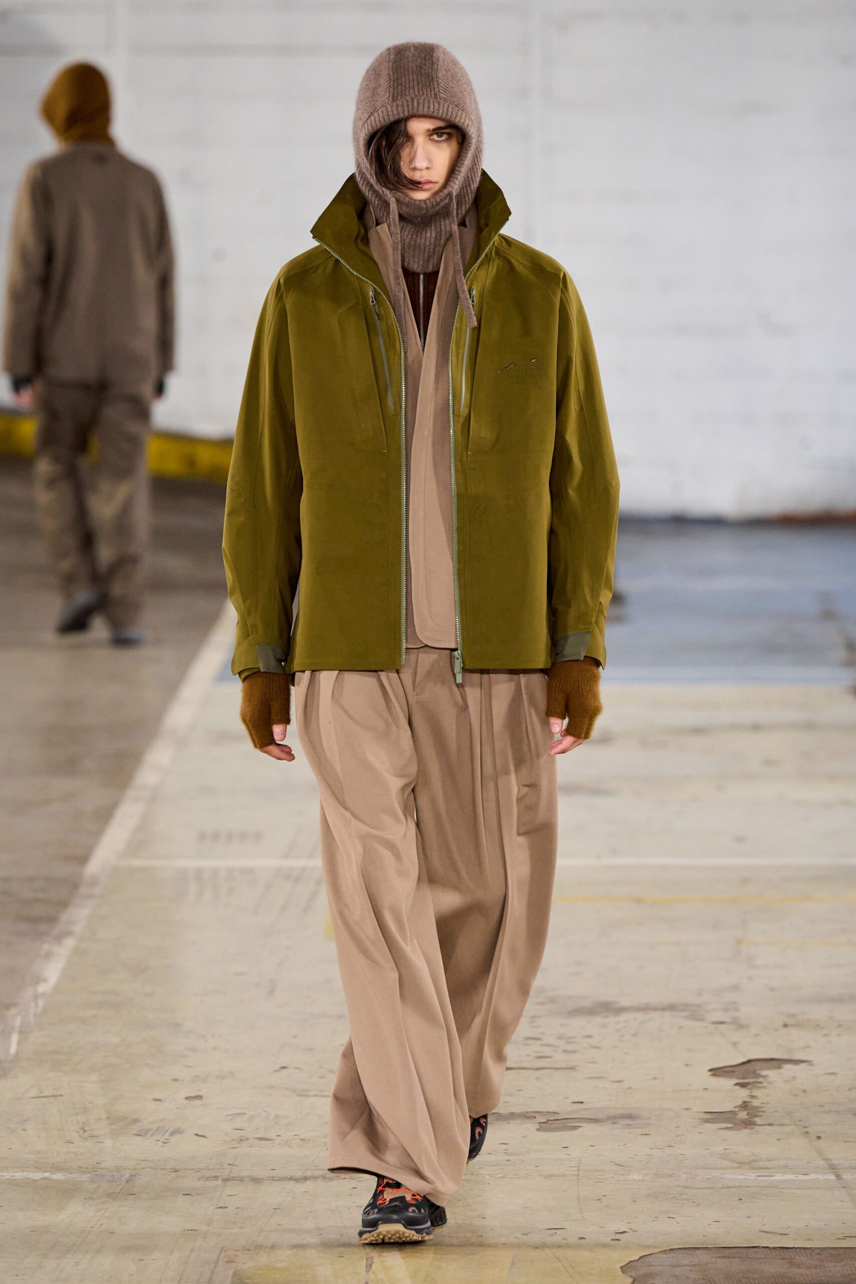 green relaxed jacket beige top